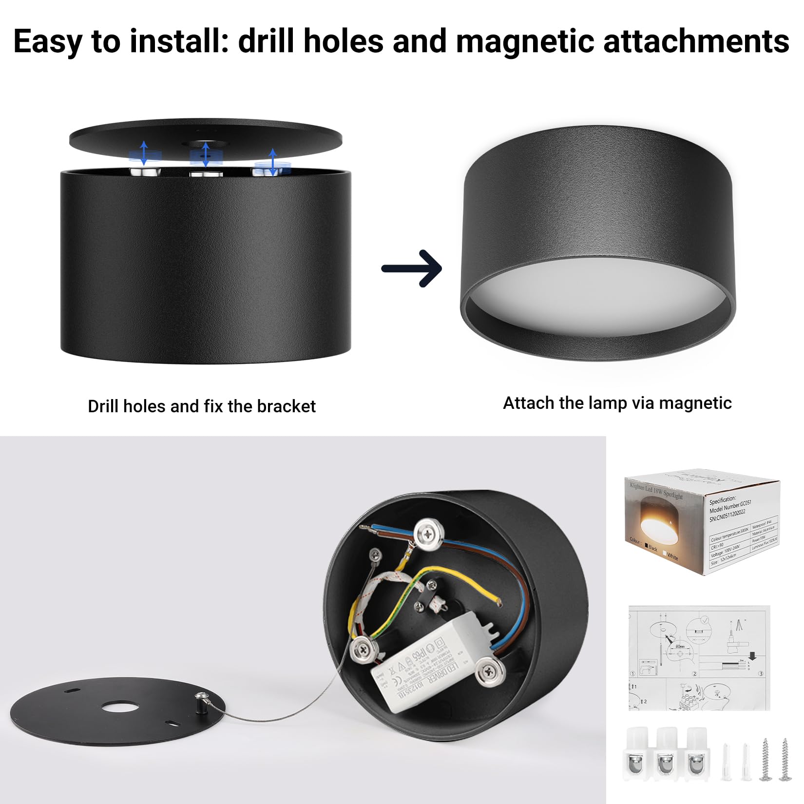 Klighten 18W LED Foco de techo, Negro Redondos Focos de superficie, Lampara Techo Moderno, Aplique Techo Interior Blanco Cálido 3000K, Plafón Focos Aluminio para Salón Baño, IP44, 1029LM, 60X120mm