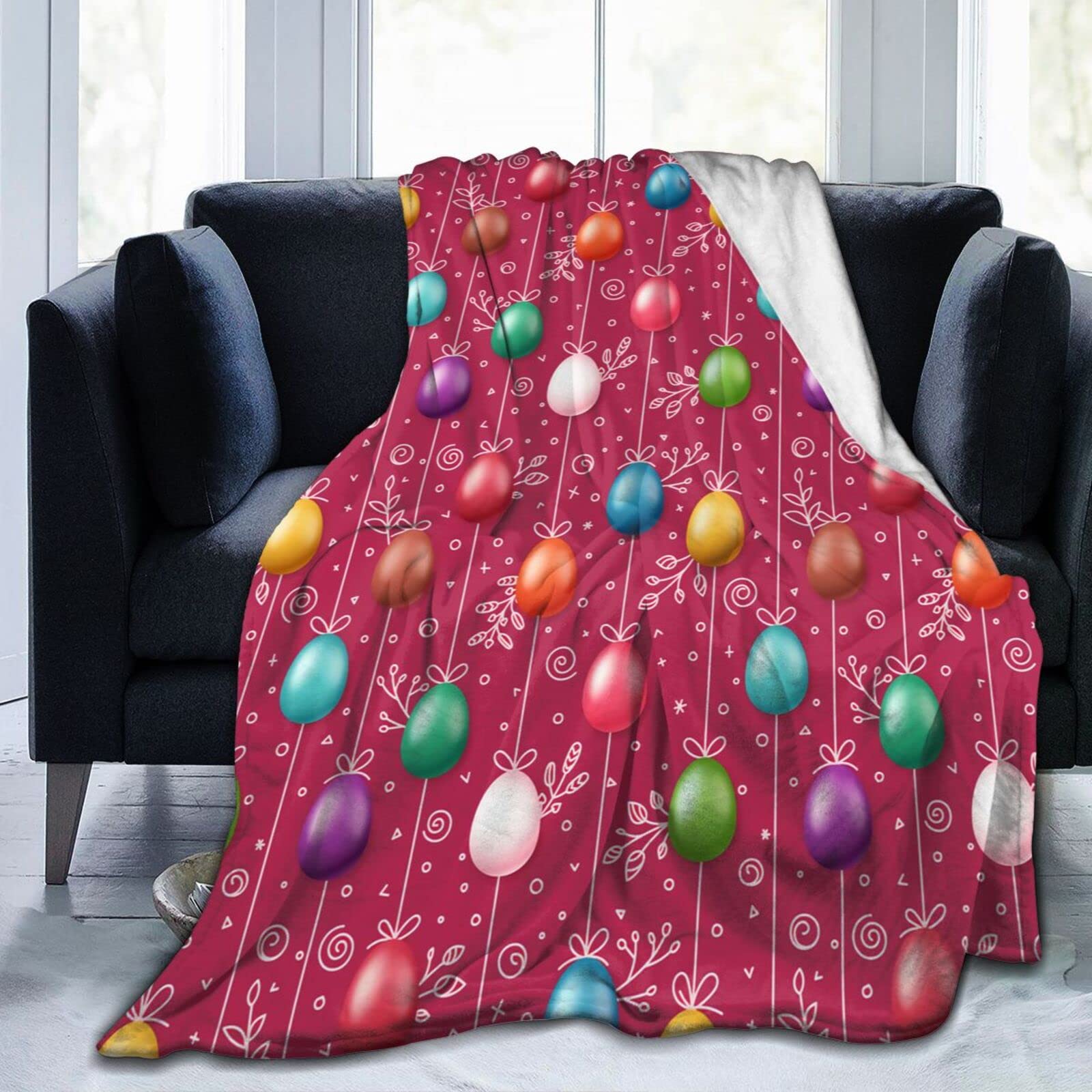 Lsjuee Easter Eggs On Rope Throw Blanket Soft Cozy Lightweight Blankets Easter Gift Flannel Blanket for Sofa Couch Bed Office Holiday Decorative 80"X60"