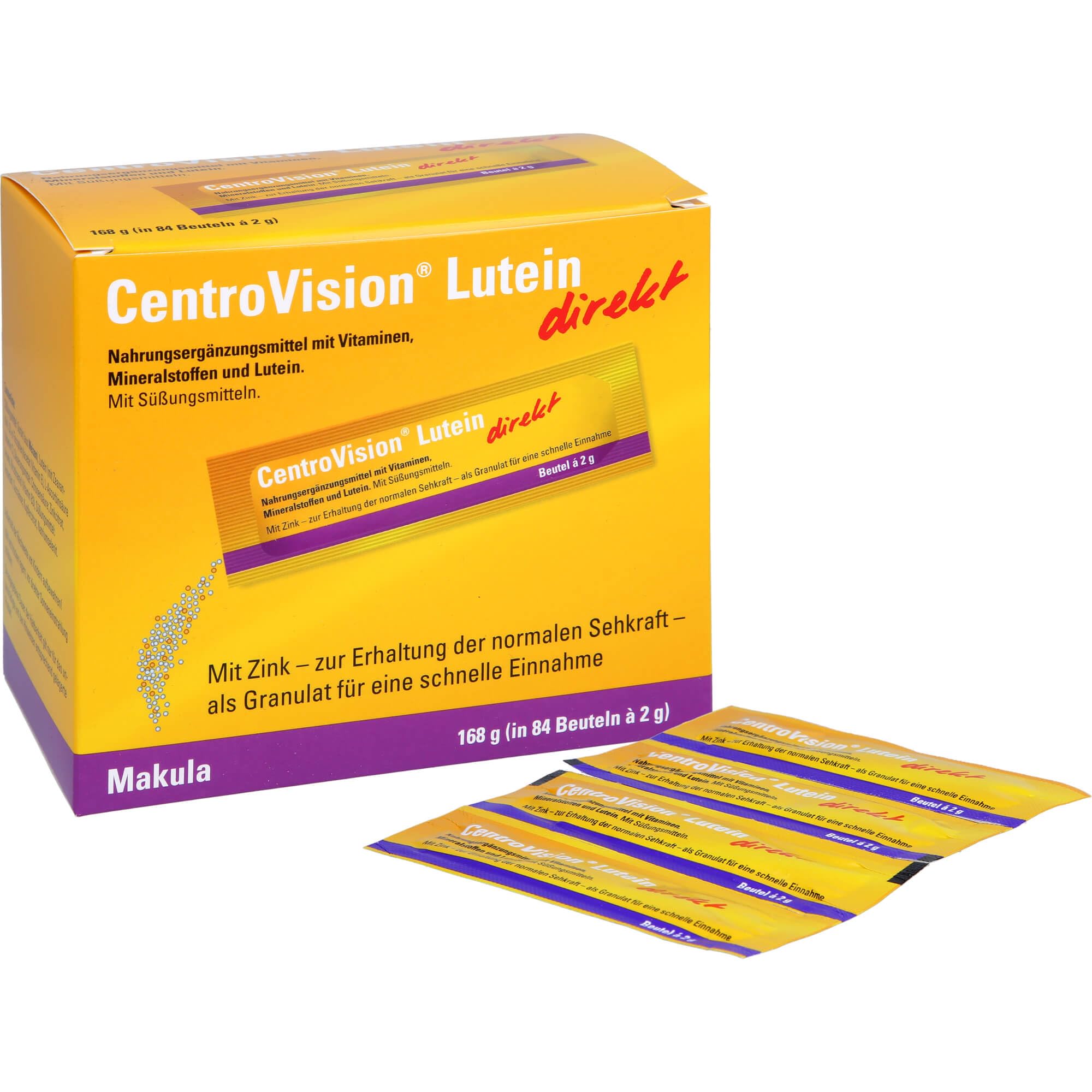 CentroVision Lutein direkt – Granulat mit einer Mikronährstoffkombination aus Lutein und Zeaxanthin, Nahrungsergänzung für die Augen mit essentiellen Vitaminen & Mineralstoffen, laktosefrei, 84 St.