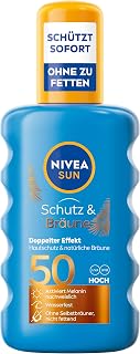NIVEA SUN Protection and Tan Sun Spray SPF 50, Waterproof Sunscreen with Pro-Melanin Extracts for Even Tan, Instant Sun Protection against UVA/UVB Rays (200 ml)