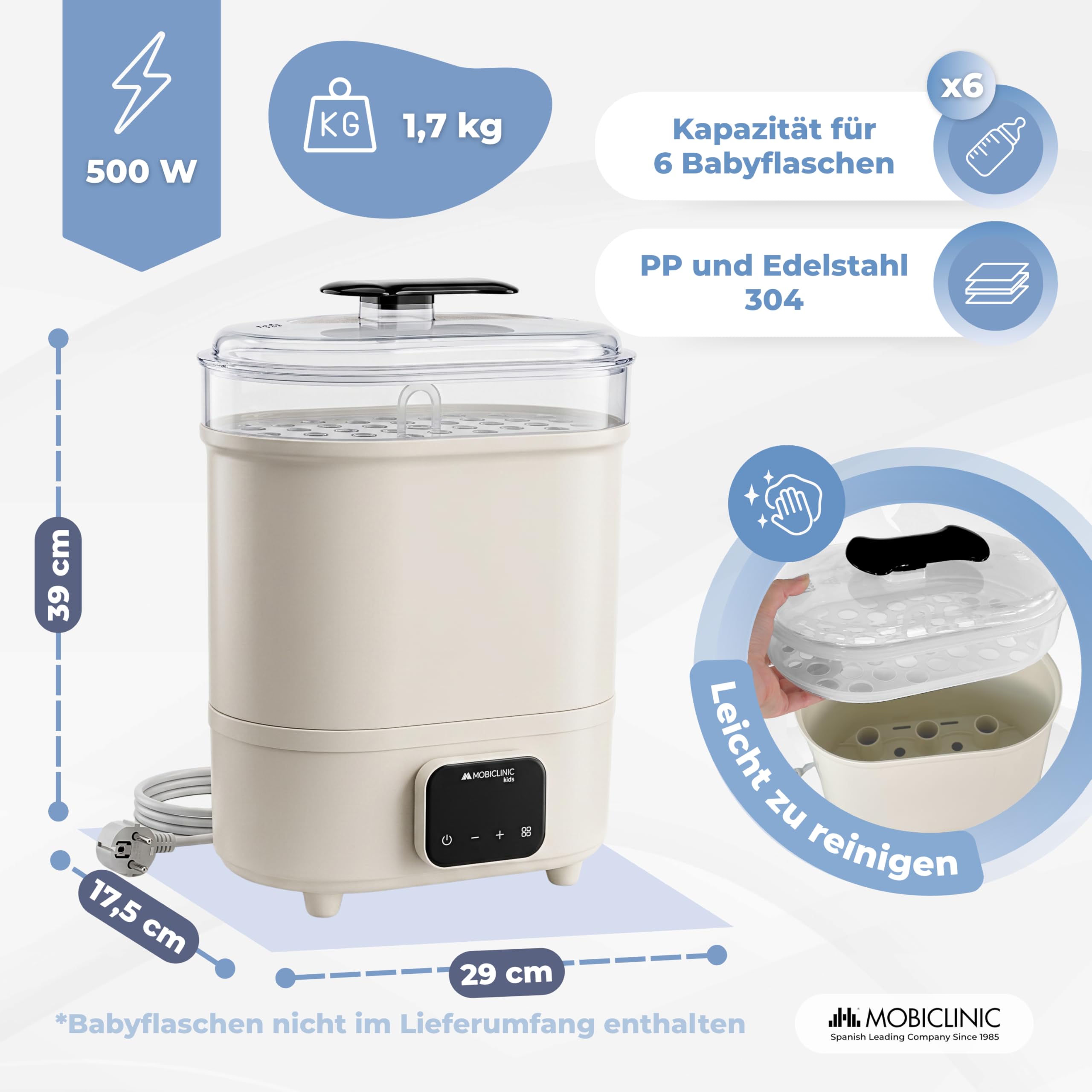 Mobiclinic®, Sterilisator für Babyflaschen, 4 in 1, Bis zu 6 Flaschen, Trocknet, Hält die Temperatur, Automatikmodus, Schnuller und Milchpumpen, LCD-Bildschirm, Kompakt, Mobibi