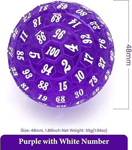 Miniatura 2 de Poludie Dados poliédricos de 100 caras, dados de juego individuales D100, cubo de 100 lados con bolsa negra, dado D100 de 1.890in (morado con número
