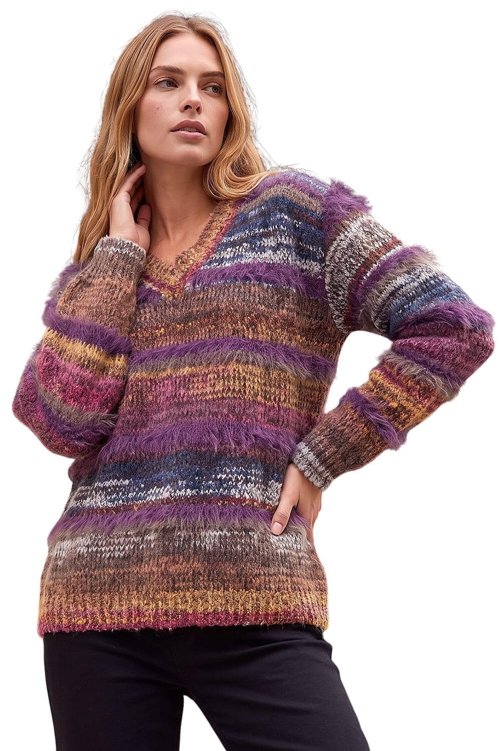 Roman Originals Textured Stripe V-Neck Knit Jumper for Women UK - Ladies Everyday Autumn Winter V-Neckline Comfy Soft Evening Vacation Work Party Night Out