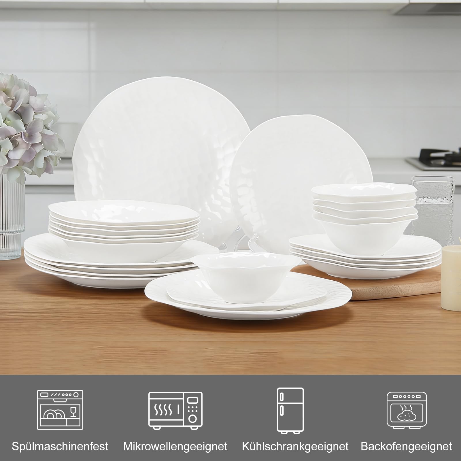 Geschirrset 24-teilig für 6 Personen, Porzellan,Gitterförmig | Dinner set, Tafelservice, Je 6 Speiseteller, Dessertteller, Müslischalen, Salatschüssel, Teller set, Kombiservice 6 personen