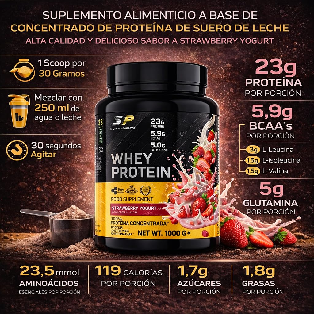 SP - Whey Protein - Concentrado de Proteína Whey de suero de leche en polvo - sin grumos - 1kg Sabor Cookies & Cream (Strawberry Yogurt)