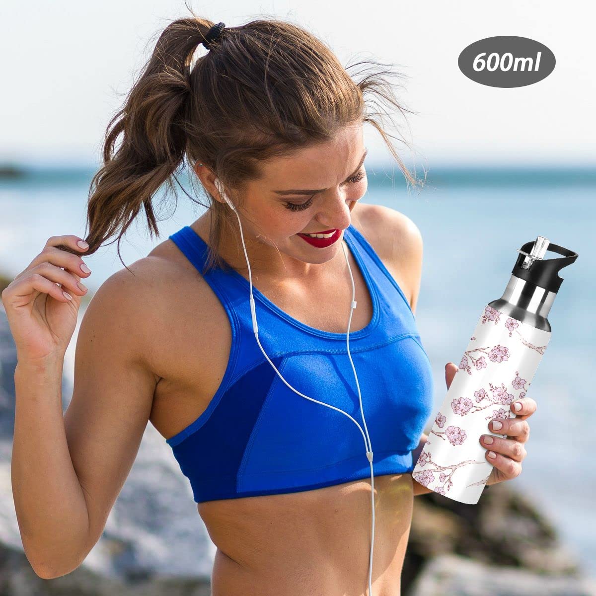 Edelstahl Wasserflasche mit Strohhalm, Sakura Kirschblüten Isolierte Trinkflasche Sport Wasserflasche für Kinder Erwachsene, auslaufsicher, 1L