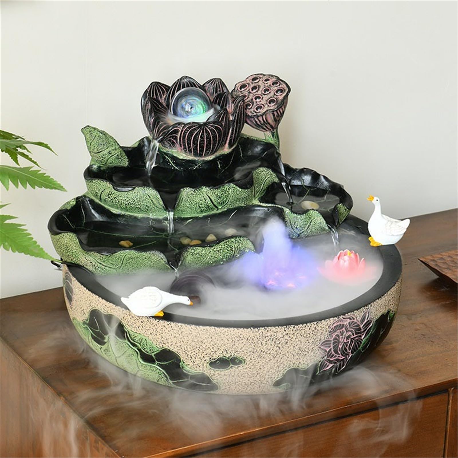 Fuente De Cascada para Interiores, Fuente De Agua De Sobremesa con Loto Chino Y Adornos Fluidos.