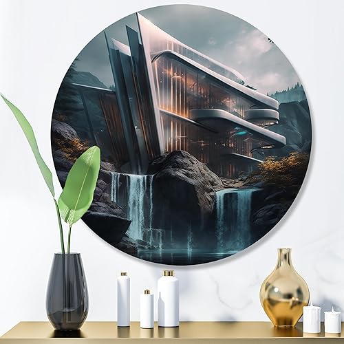 Miniatura 2 de DesignQ Round Metal wall art, Architectural Brilliance Futuristic I - Metal Wall Art For Living Room, Round wall decor, Modern Metal Round Art,