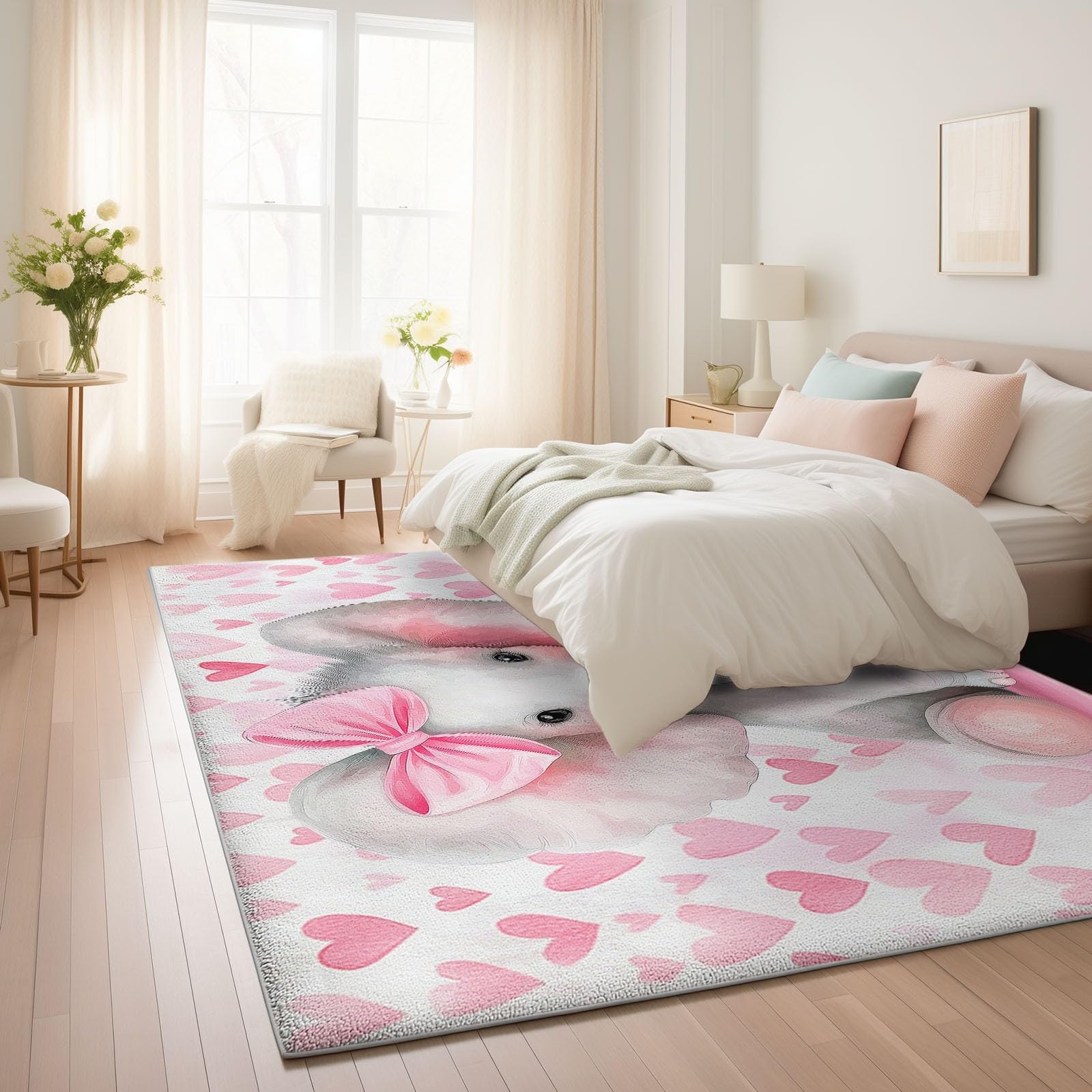 Generico Tappeto Nursery per Neonate, Morbido Pluche Antiscivolo per Bambine, XL, Elefante con Cuori Rosa Decorazione Gioco, 140 x 200 cm