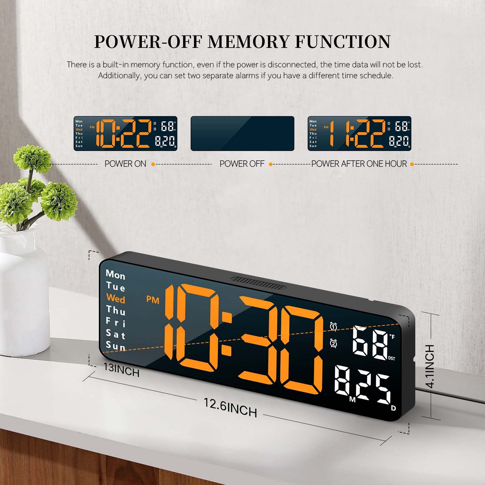 Horloge murale numérique pour décoration de salon, bureau pour chambre à coucher, grande horloge murale avec télécommande, horloge LED à intensité variable automatique avec date, température et