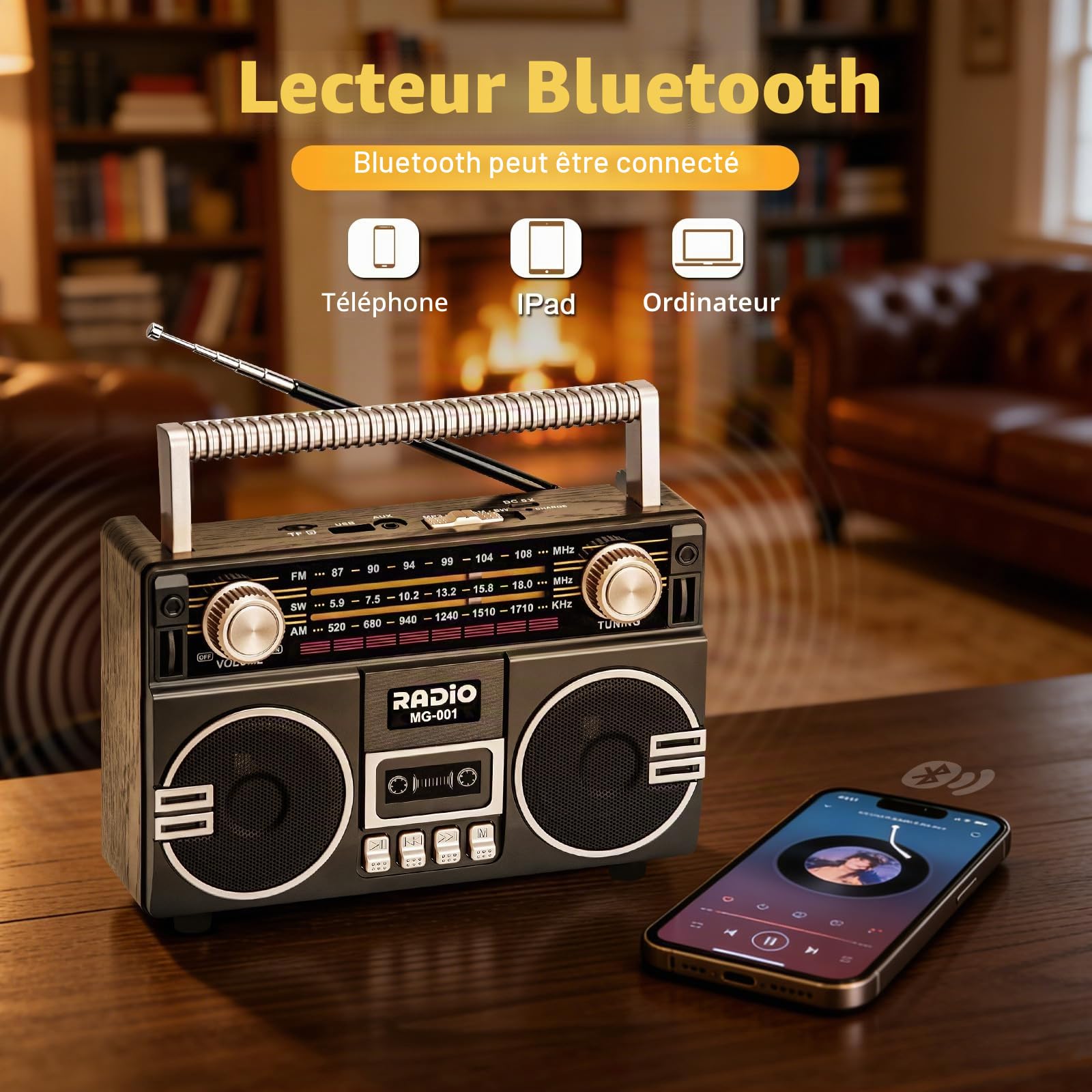 Tendak Radio Rétro AM/FM/SW, radio nostalgique avec batterie de 1200 mAh, radio de voyage avec Bluetooth 6.0, radio de cuisine compatible avec fonction USB/TF/AUX, grand haut-parleur de 5 W
