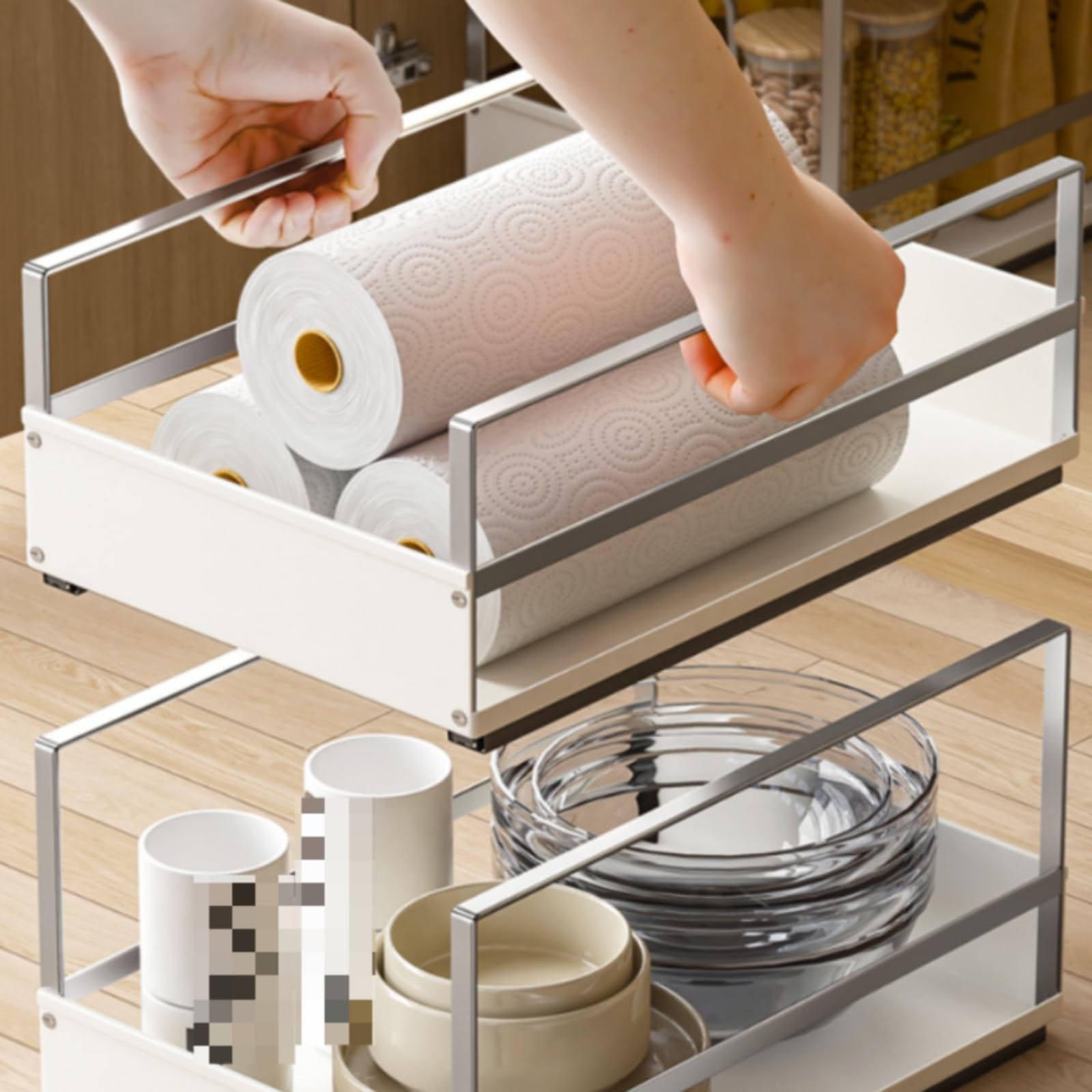 Cesta de Almacenamiento de Cocina para, Cesta Extraíble De Tabla, Blanco, Tamaño Pequeño + Pequeño
