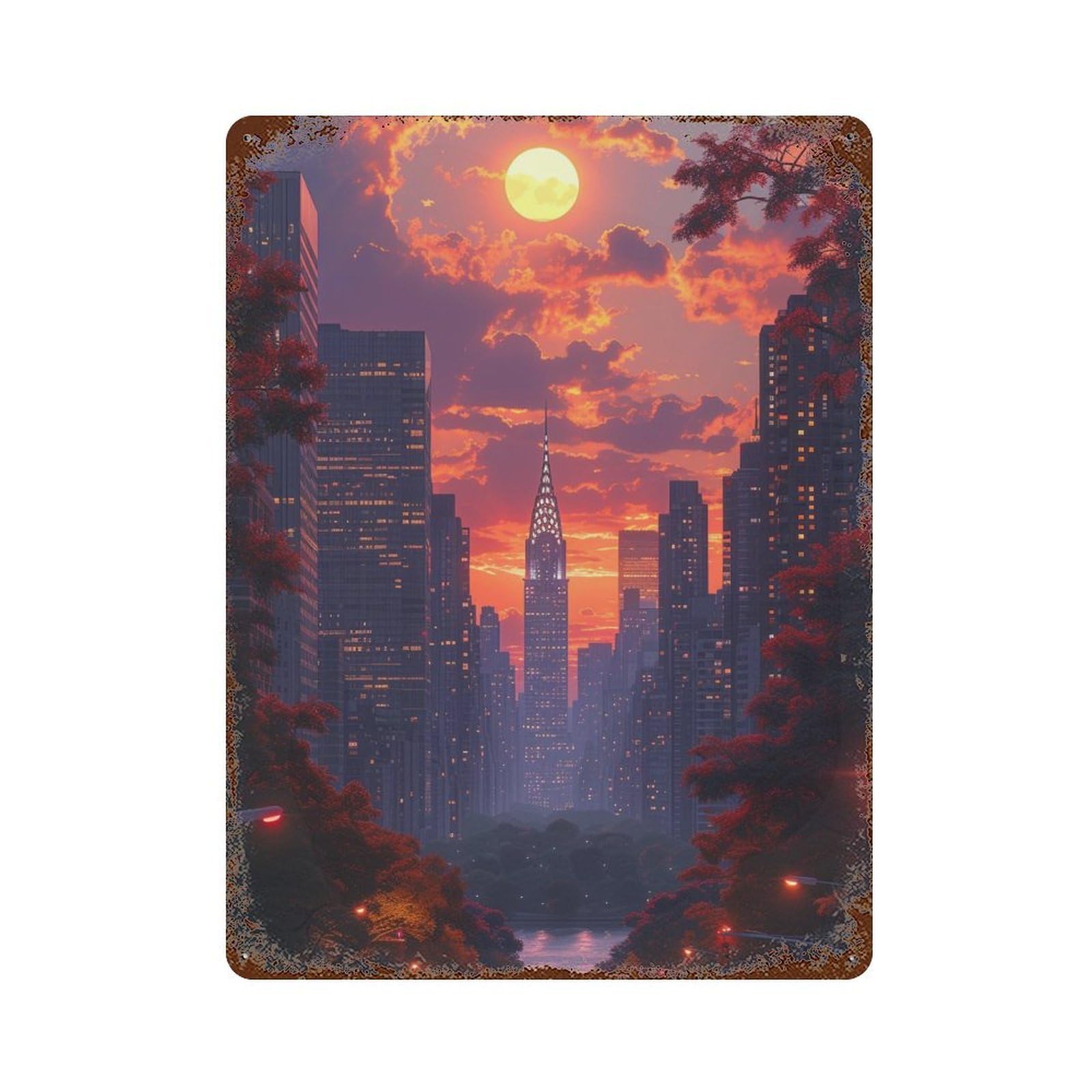 City Sunset Skyline 15.7"x11.8" Distressed Metal Wall Sign, Shabby Chic Decor for Shed, Workshop And Garage Wall Decor