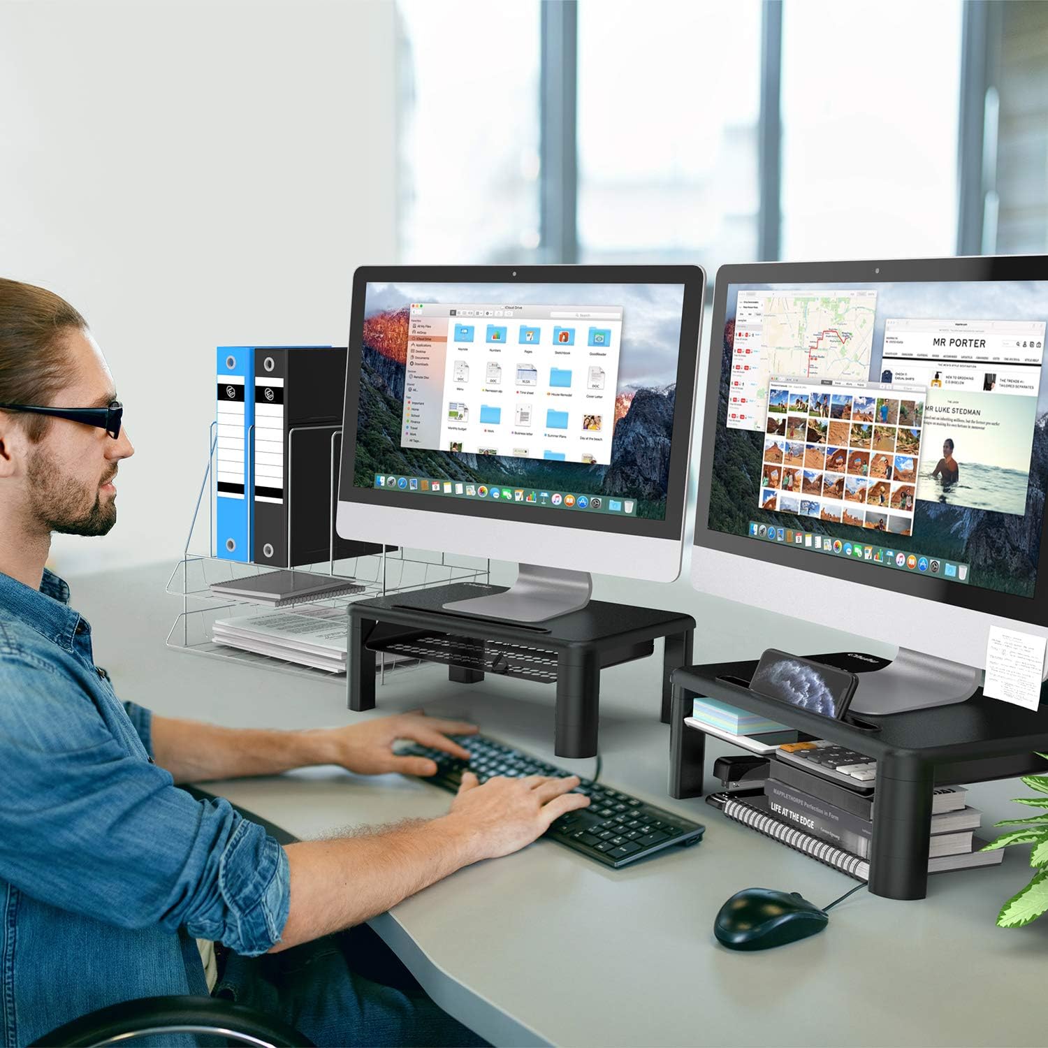 2 Pack Adjustable Monitor Stand Riser - 3 Height Adjustable Computer Monitor Riser with Storage Drawer, Phone Holder for Desk, iMac, Laptop, Printer, Notebook, Computer - for Home & Office Use, Black