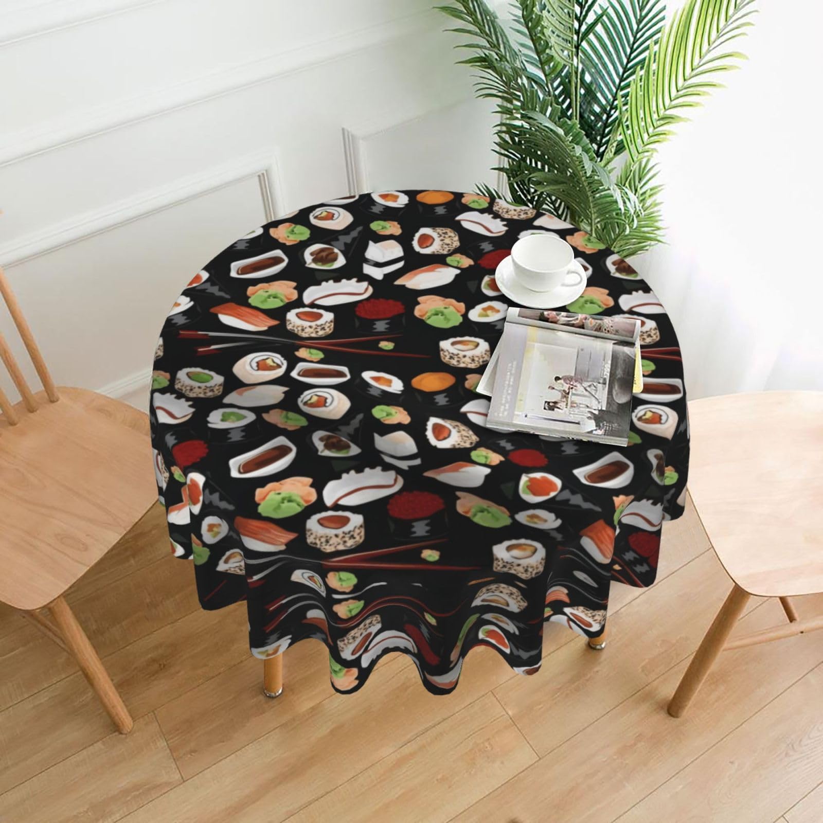 WHJSHOP Japanese Sushi Black Prints Round Decorative Throw – 60in Stylish Table Cover for Dining, Parties & Outdoor Events