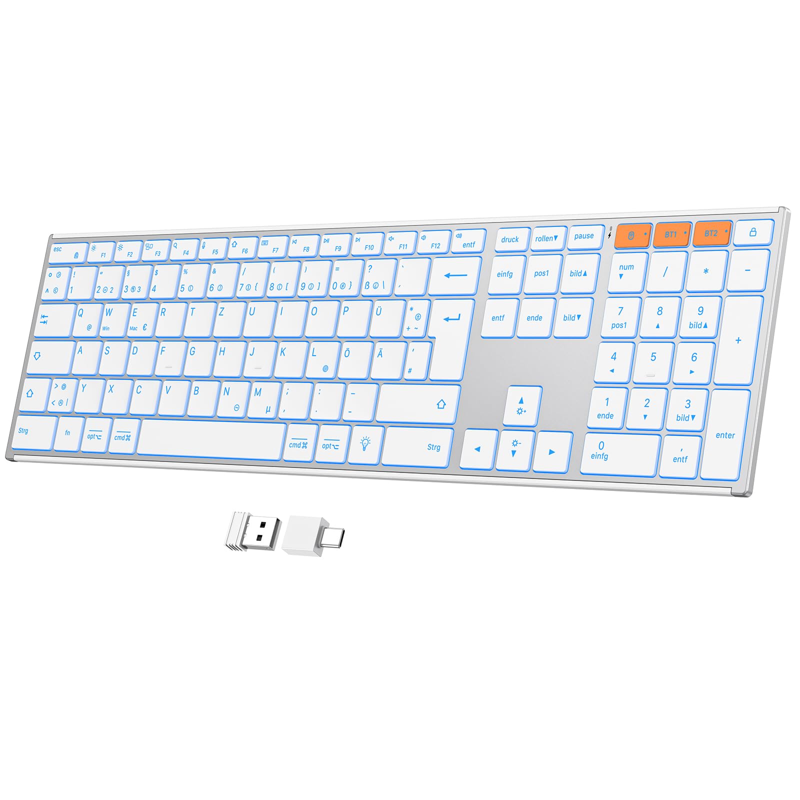 OMOTON Tastatur Kabellose Beleuchtet, Bluetooth + 2,4G, QWERTZ, Silber | Metallgehäuse, Multi-Device, Wiederaufladbar, Leise, Ergonomische, Windows/macOS/PC, Büro/Homeoffice/Reisen