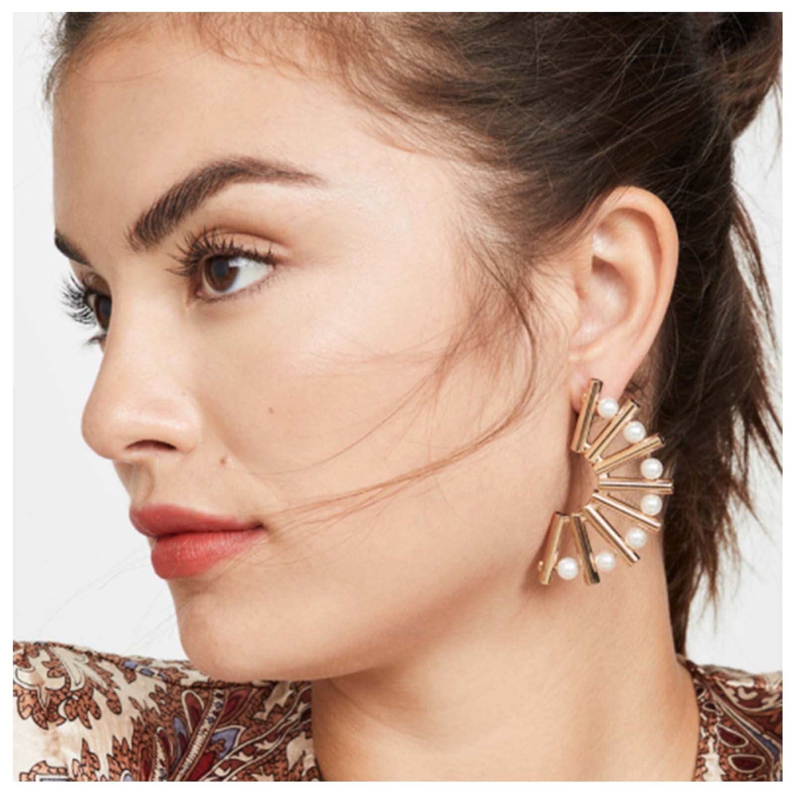 Dervivea Boho - Pendientes en forma de abanico exagerados, estilo vintage, con perlas, semicírculos, grandes, dorados, joyería para mujeres y niñas