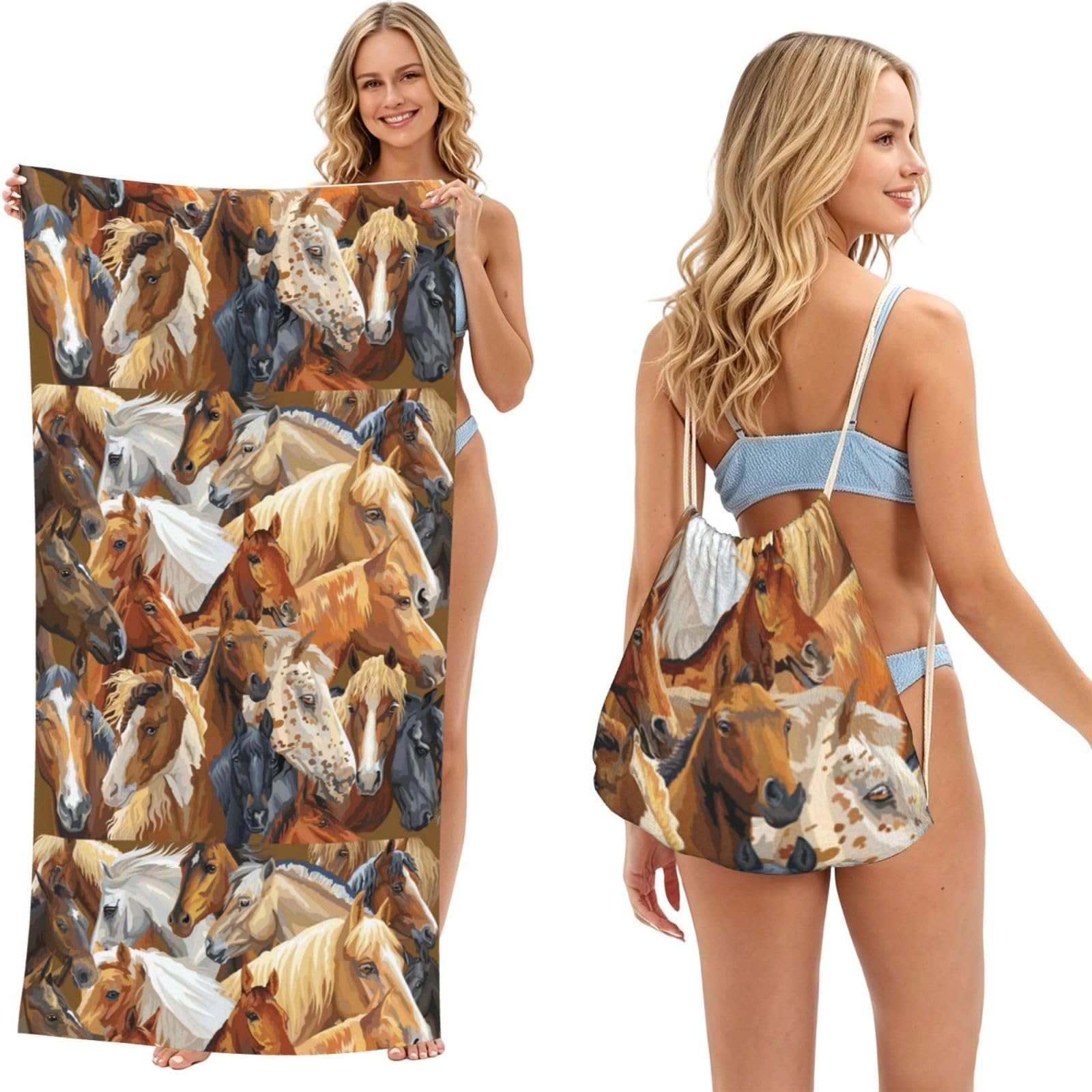 Poadnly As Picture Watercolor Animal Horse Printed, 2 In 1 Packable Towel Bag, Beach Towels With Drawstring Backpack For Travel Holiday Camping