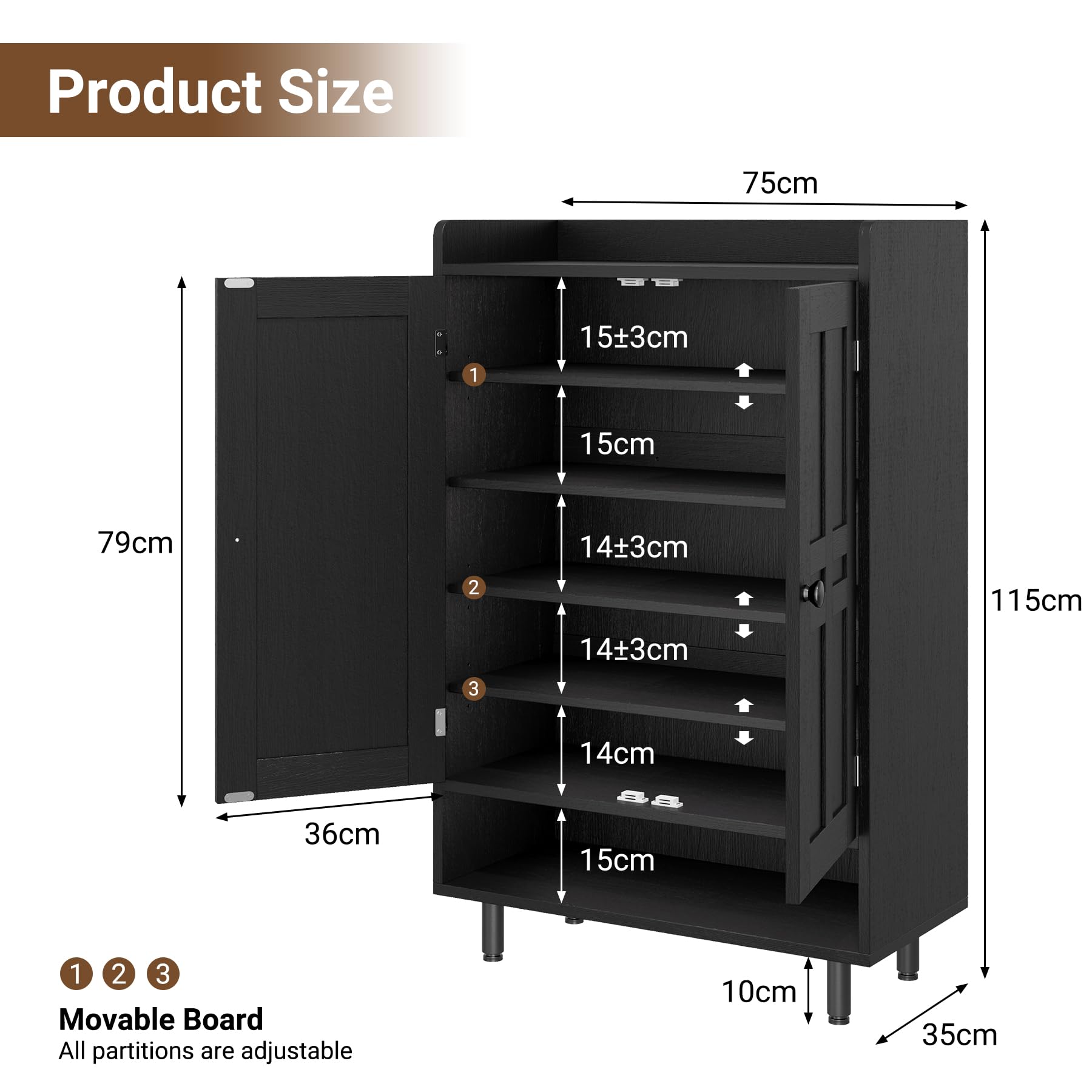Hawthyhome Schwarzer Schuhschrank aus Holz mit Türen, Shoe Cabinet für mehrere Familienmitglieder, 7+1 Ebenen Flurschrank mit großem Fassungsvermögen, Schuhkommode für Wohnzimmer, 75 × 35 × 115 cm