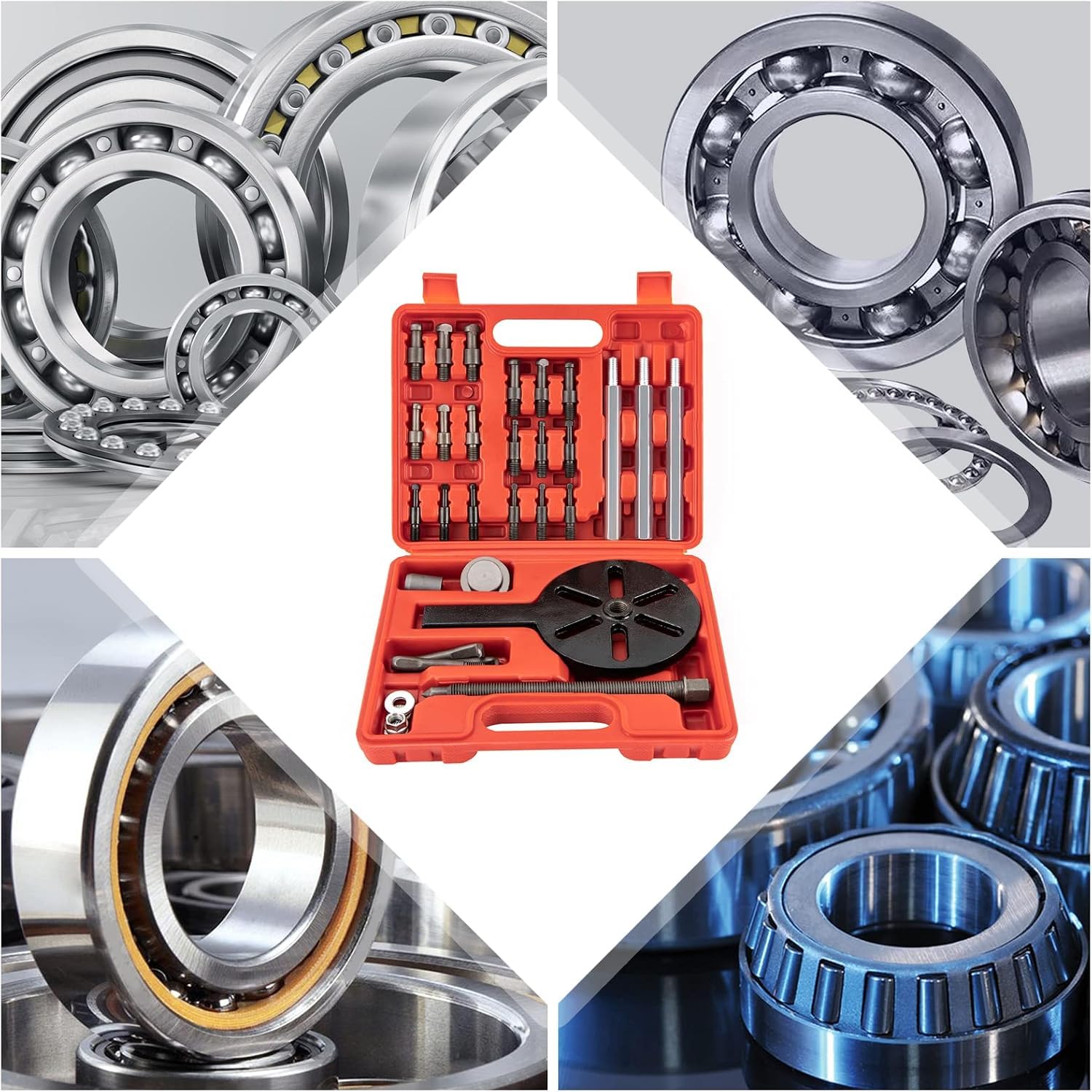 Kit Multifuncional para extraer rodamientos con Martillo Deslizante y Extractor de Orificios internos, 3 mordazas Curvas y 18 extractores para rodamientos Ajustados.