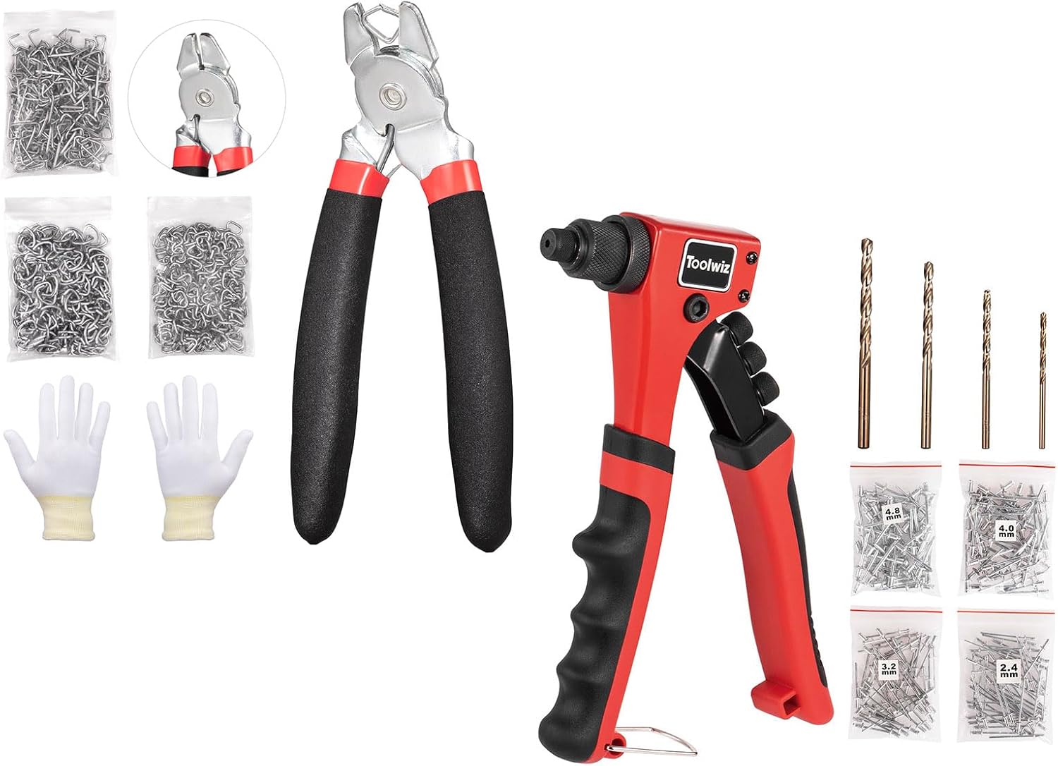 Angled Hog Ring Pliers Kit with 360pcs 3/4" 1/2" 3/8" Hog Rings + One-Handed Rivet Gun Kit