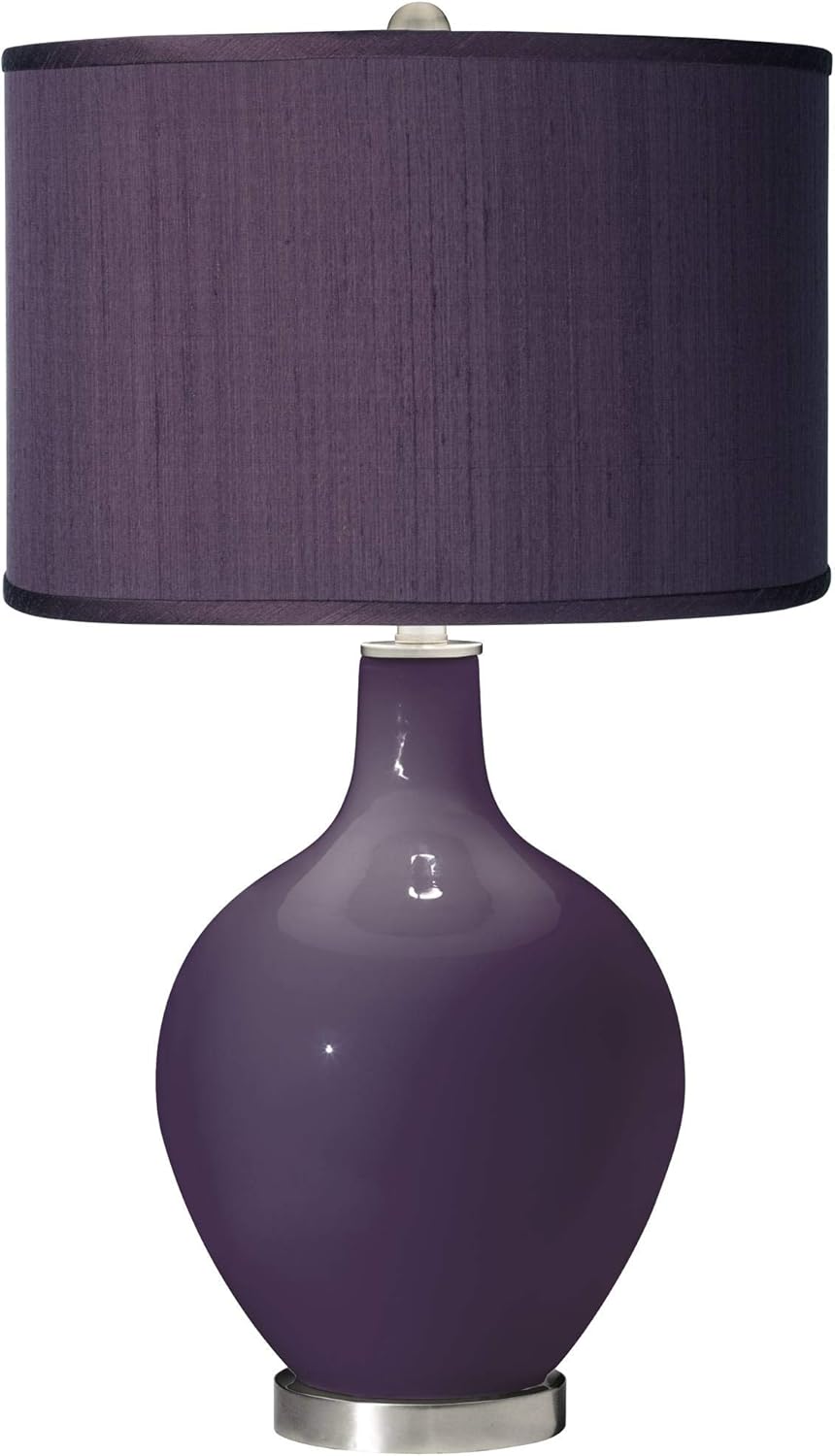 Color + Plus OVO Modern Table Lamp 28 1/2" Tall Quixotic Plum Glass Eggplant Purple Faux Silk Fabric Drum Shade for Bedroom Living Room House Home Bedside Nightstand Office Kids Family