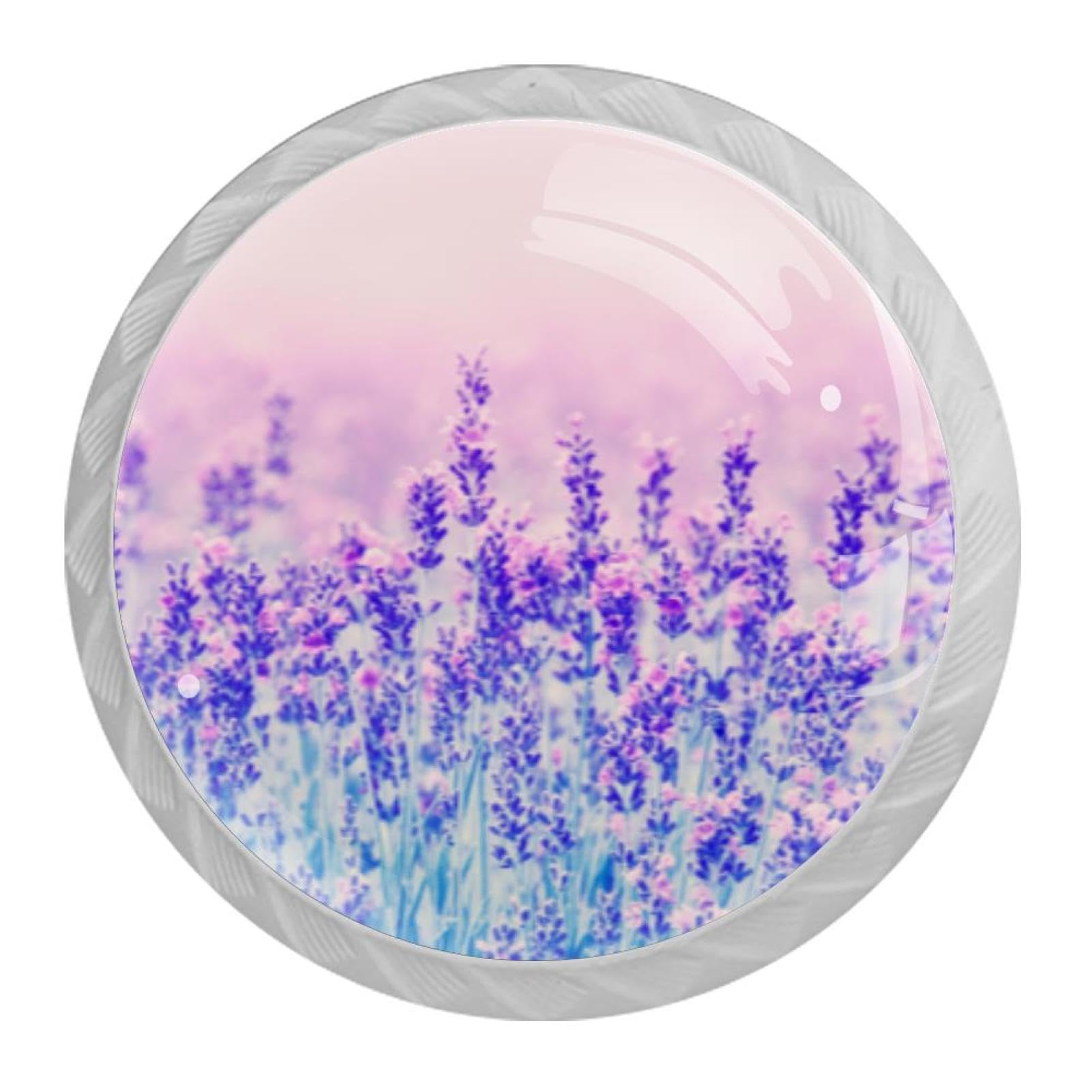 Tqmspg 4 Pieces Drawer Pulls Romantic Lavender Field Door Knobs Dresser Handles for Kitchen Wardrobe Cupboard Hardware Furniture