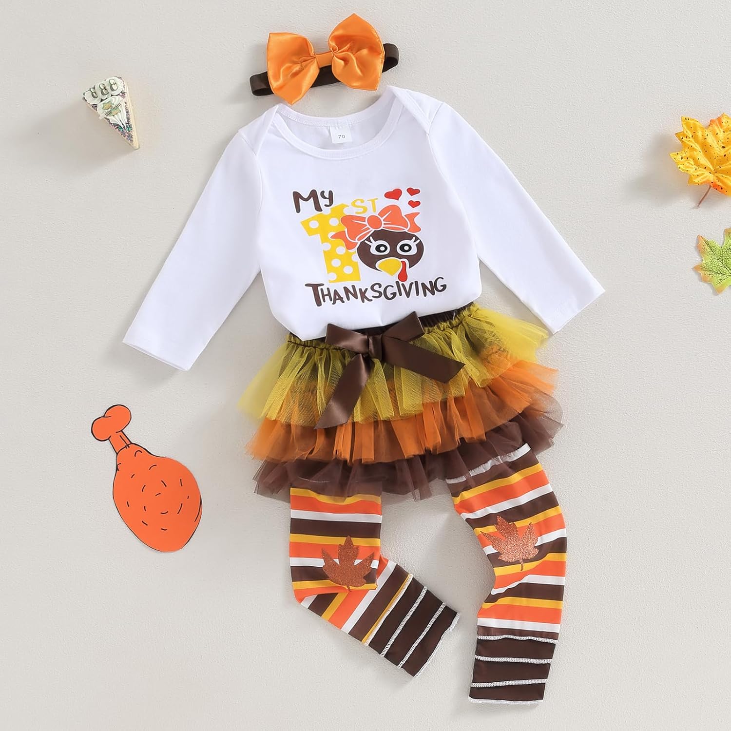 My First Thanksgiving Day Baby Girl Outfit Turkey Shirt Onesie Romper+Tulle Tutu Skirts+Leg Warmers 4Pcs Set - Image 3