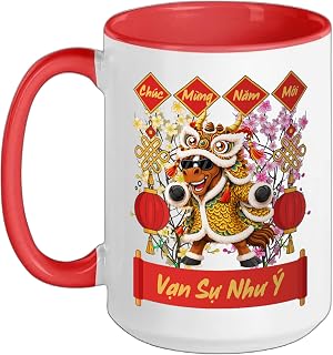 Tet Decoration 2026 Vietnamese Lunar New Year Horse Year Ceramic Mug, Red/White, 15oz