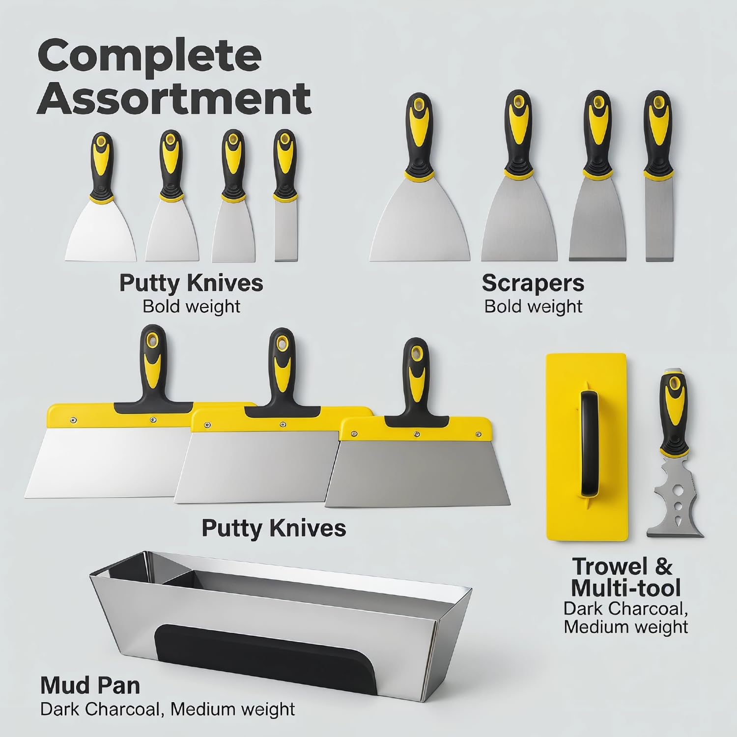 Juego de Espátulas de Superficie de 12 piezas, Cuchillos de Masilla de Acero Inoxidable con Mango Ergonómico, Espátulas de Pintor y Cuchillo de Masilla para Placas de Yeso