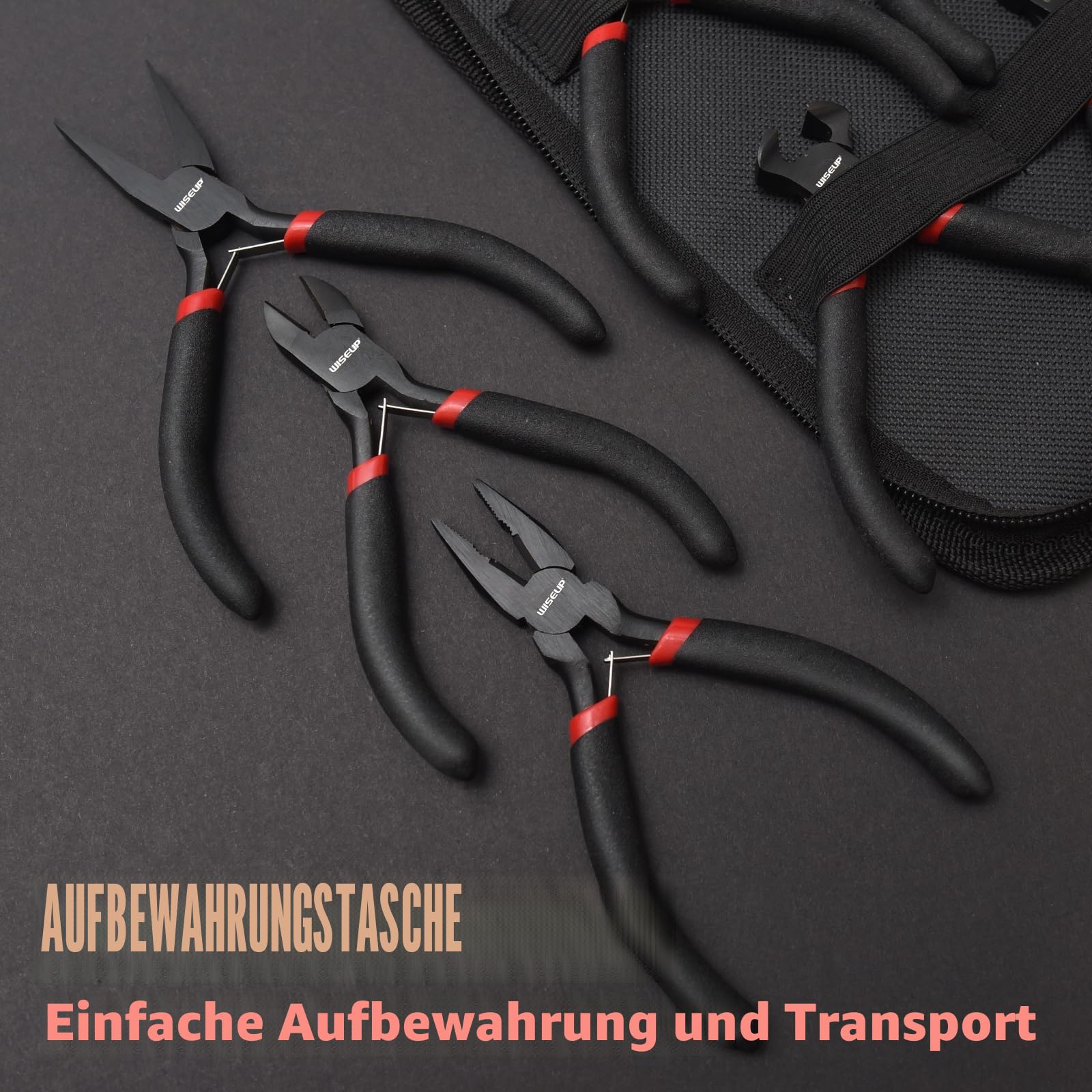 WISEUP 8-teiliges Mini-Zangen-Set, Nadel, rund, flach, lang, gebogene Nase, diagonal, Endschneiden, Linesman-Zangen zum Basteln, Elektronik und Schmuckherstellung, mit Tasche