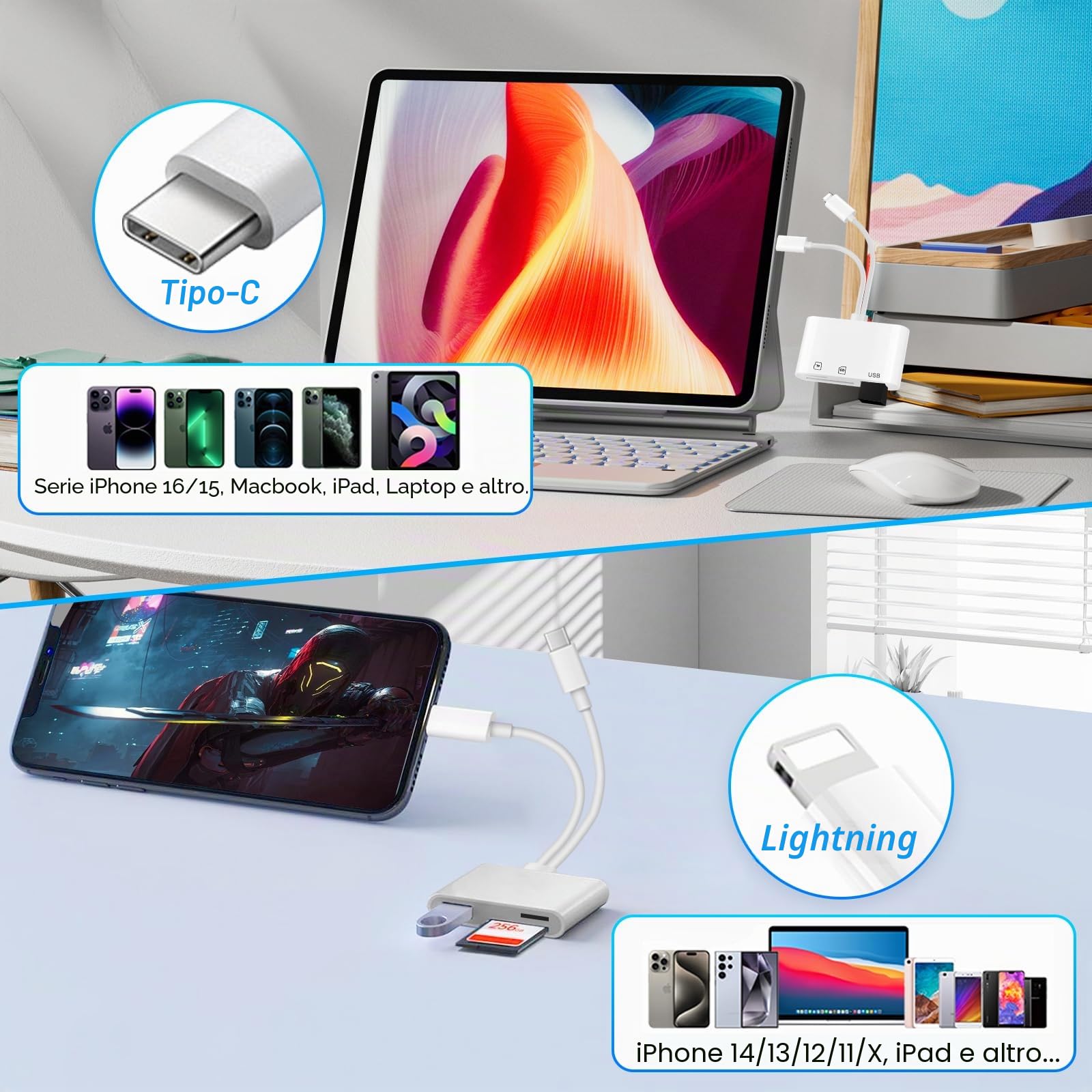 [Certificato Apple MFi] Lettore Schede SD per iPhone, 3 in 2 USB C Lightning Adattatore Scheda SD per SD/MicroSD, SD Card Reader for iPhone, Lettore Schede Memoria con iPhone 16 15/iPad/Mac/Android