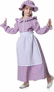 LMYOVE Girls Pioneer Costume, Colonial Prairie Long Sleeve Dress with Apron colonial bonnet for Kids Purple 5-12Y (Medium)