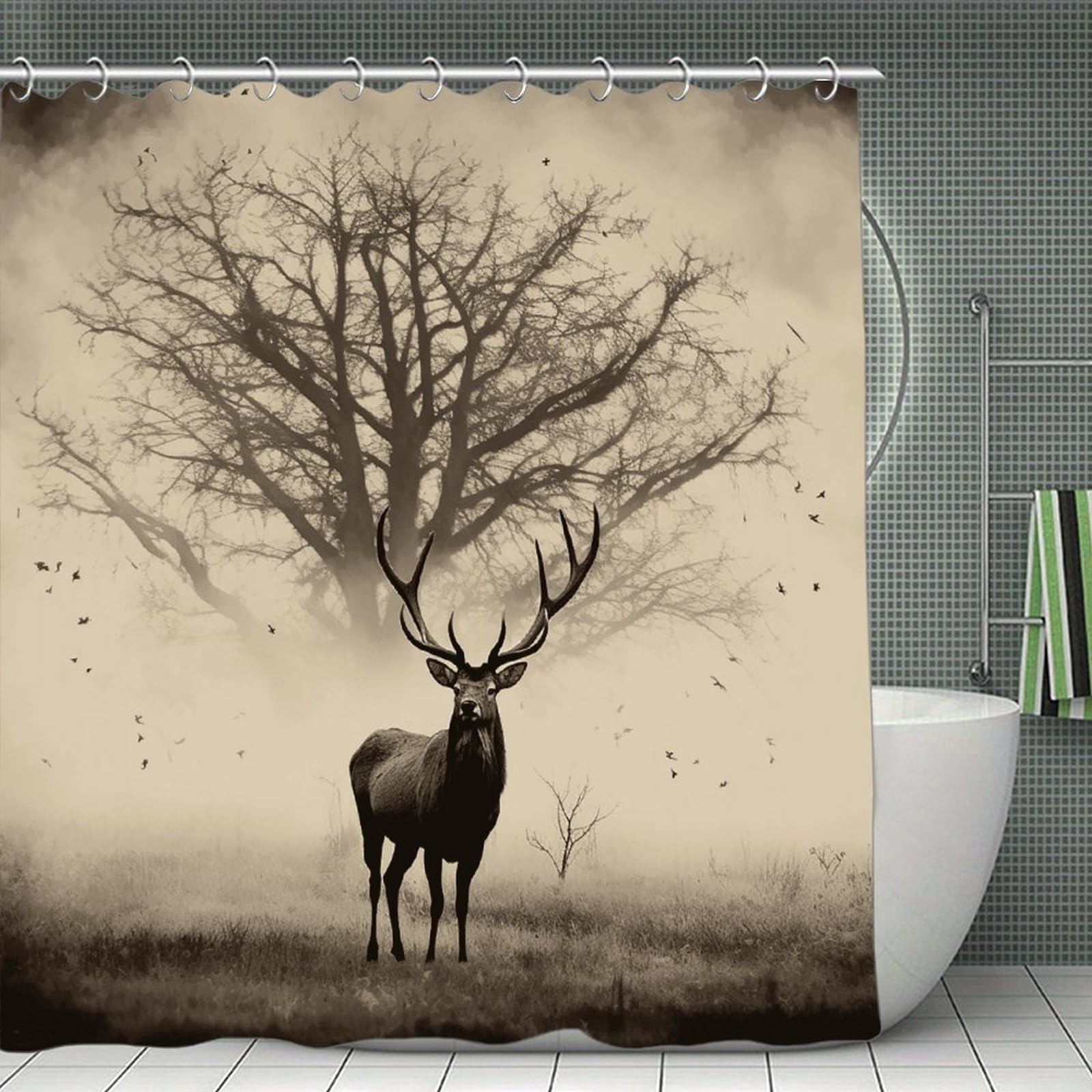VstaDank Abstract Tree Elk Picture Bath Curtain Elegant Heavy Duty Shower Curtains 70x70 in Rustic Farmhouse Cloth Shower Curtains Neutral Modern Bath Curtain for Bathroom