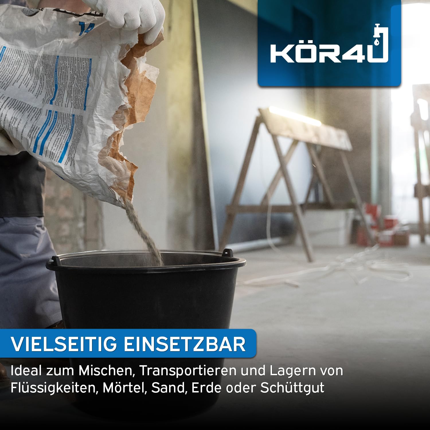 kör4u Secchio da costruzione, set da 10 pezzi, 20 l, nero con robusta archetto in metallo, secchio rotondo robusto in LDPE – per costruzione, giardino, casa e artigianato