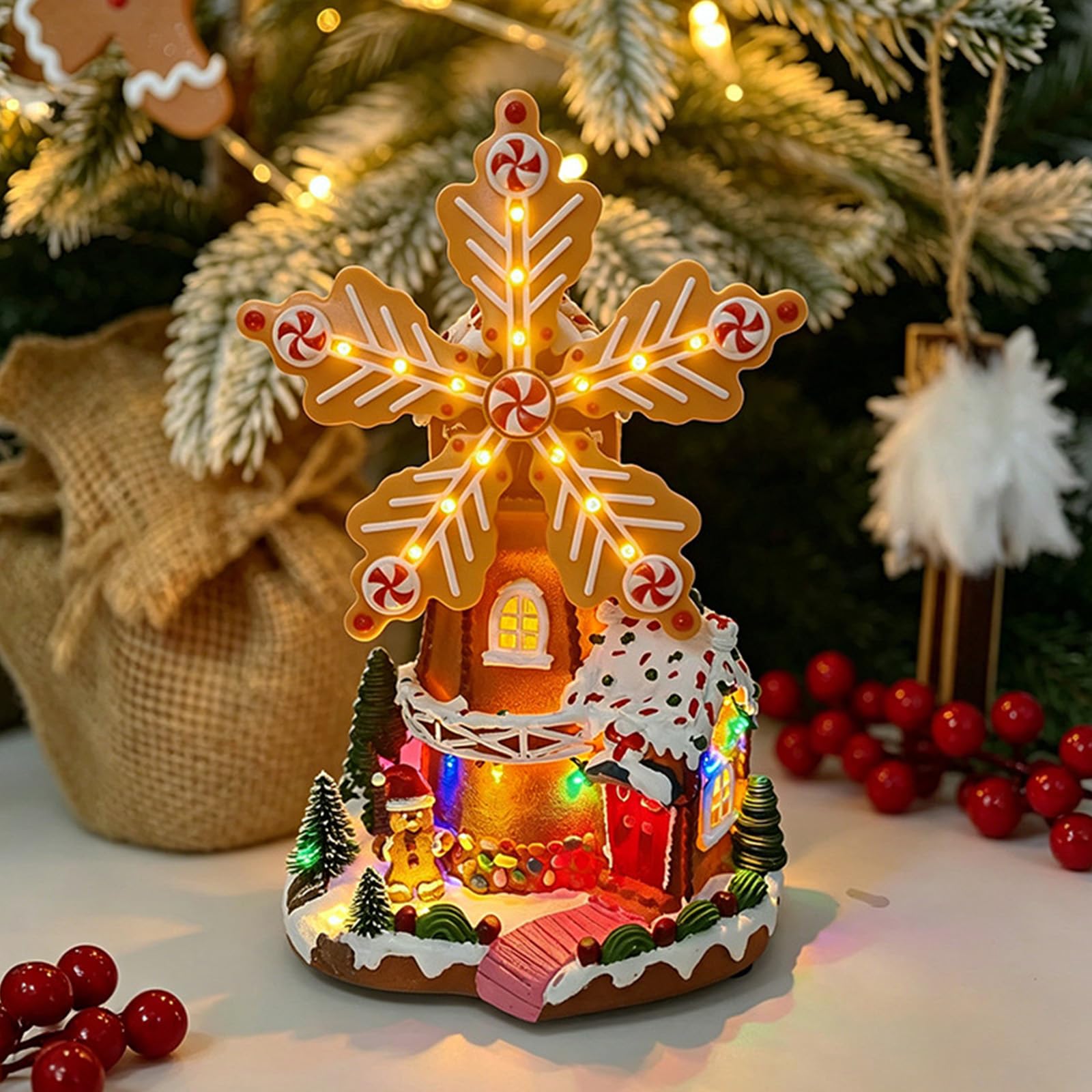 PANGBOER Decoración navideña de Candy House con diseño de Molino de Iluminado, decoración de navideña para repisa, Escritorio, Estante y Centro de de Fiesta Decoración Festiva con diseño de de