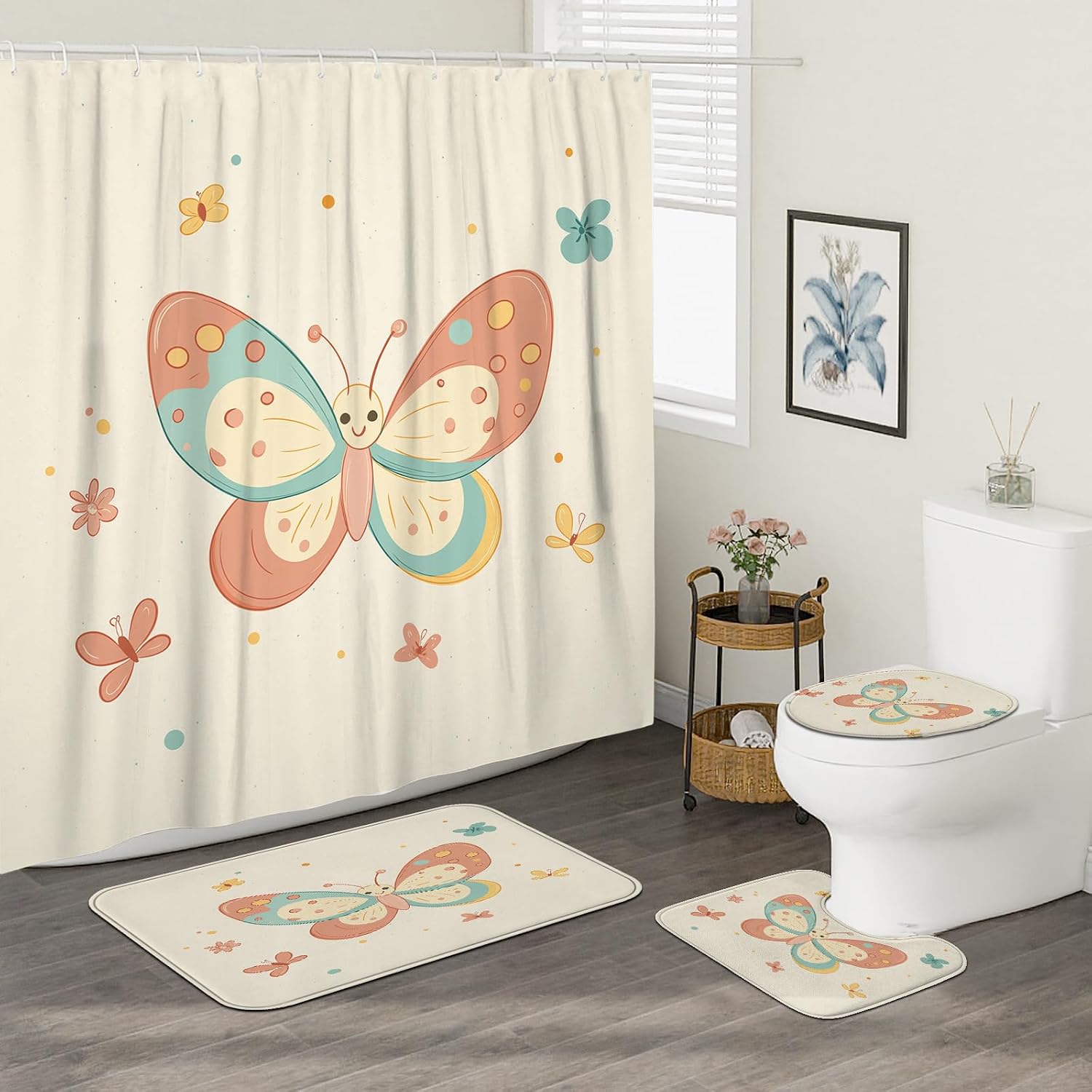 4PCS Cartoon Kids Butterflies Shower Curtain Sets with Non-Slip Rug, U Shape and Toilet Lid Cover Mat, Cute Fun Retro Home Bathroom Accessory Sets Decor, 72 x 72 Inch