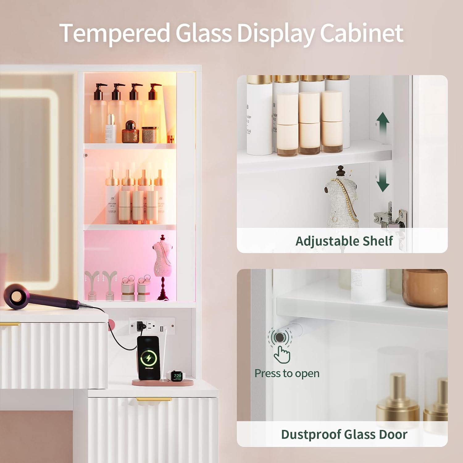 Big Vanity, Fluted Wood Makeup Vanity Desk with Mirror and Sound Sync LED Lights, Large Vanity Dressing Table, 8 Drawers, Charging Station for Girls, Women (White, 59.1" Width)