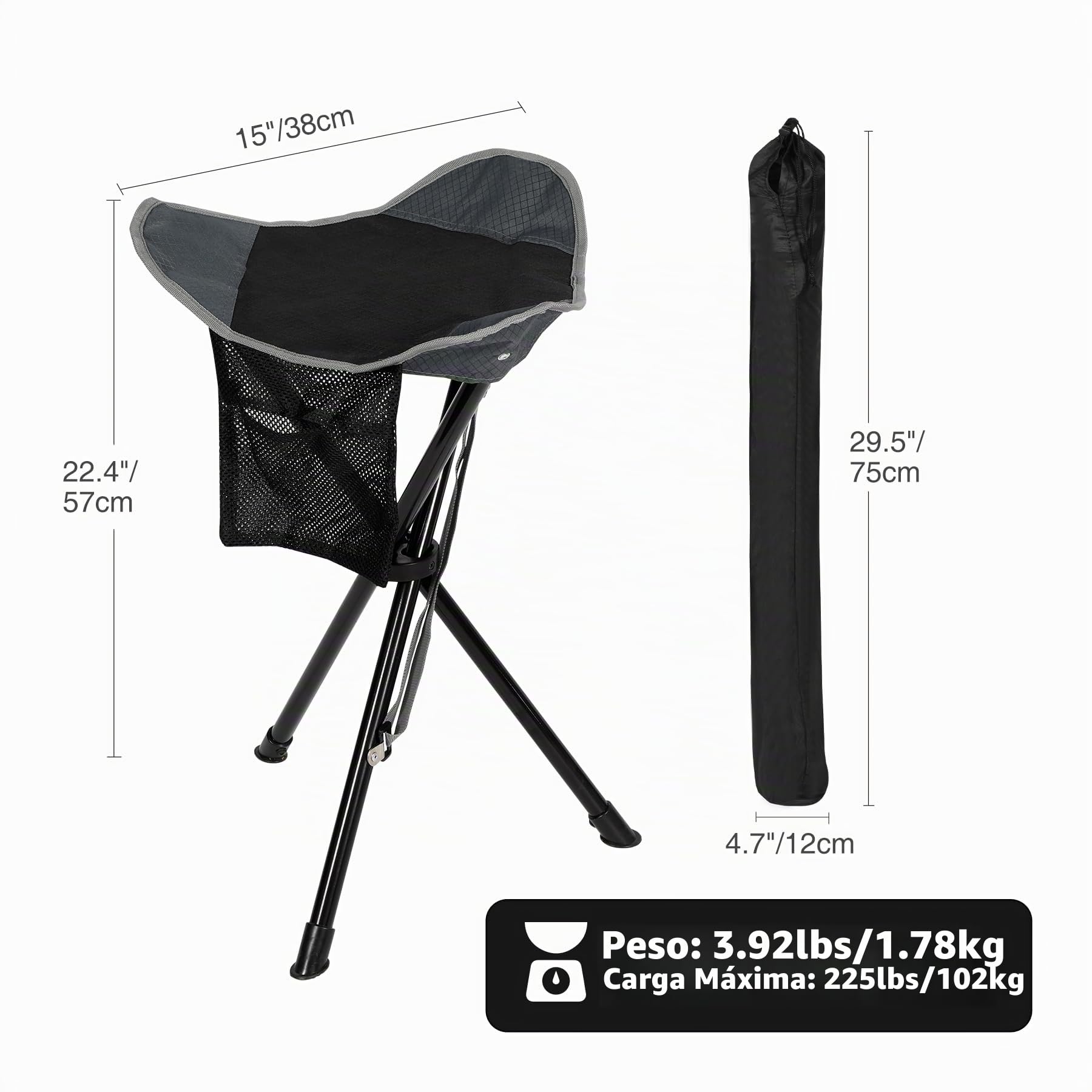 REDCAMP Taburete plegable de 3 patas, 56 cm, juego de 2 unidades, ligero, negro y gris