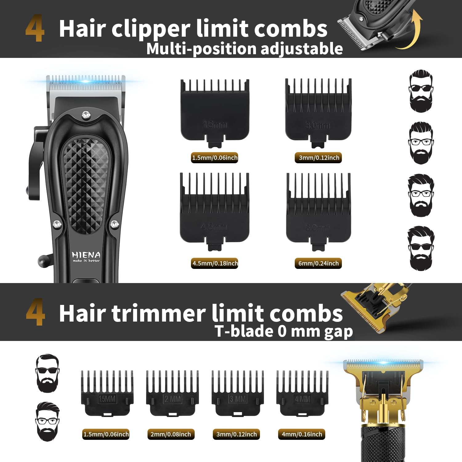 hair clippers for men professional, cordless complete barber kit with electric hair clipper t-blade beard trimmer foil shaver nose trimmer, men's hair cutting grooming kit, 8 guide combs, barber/home black b