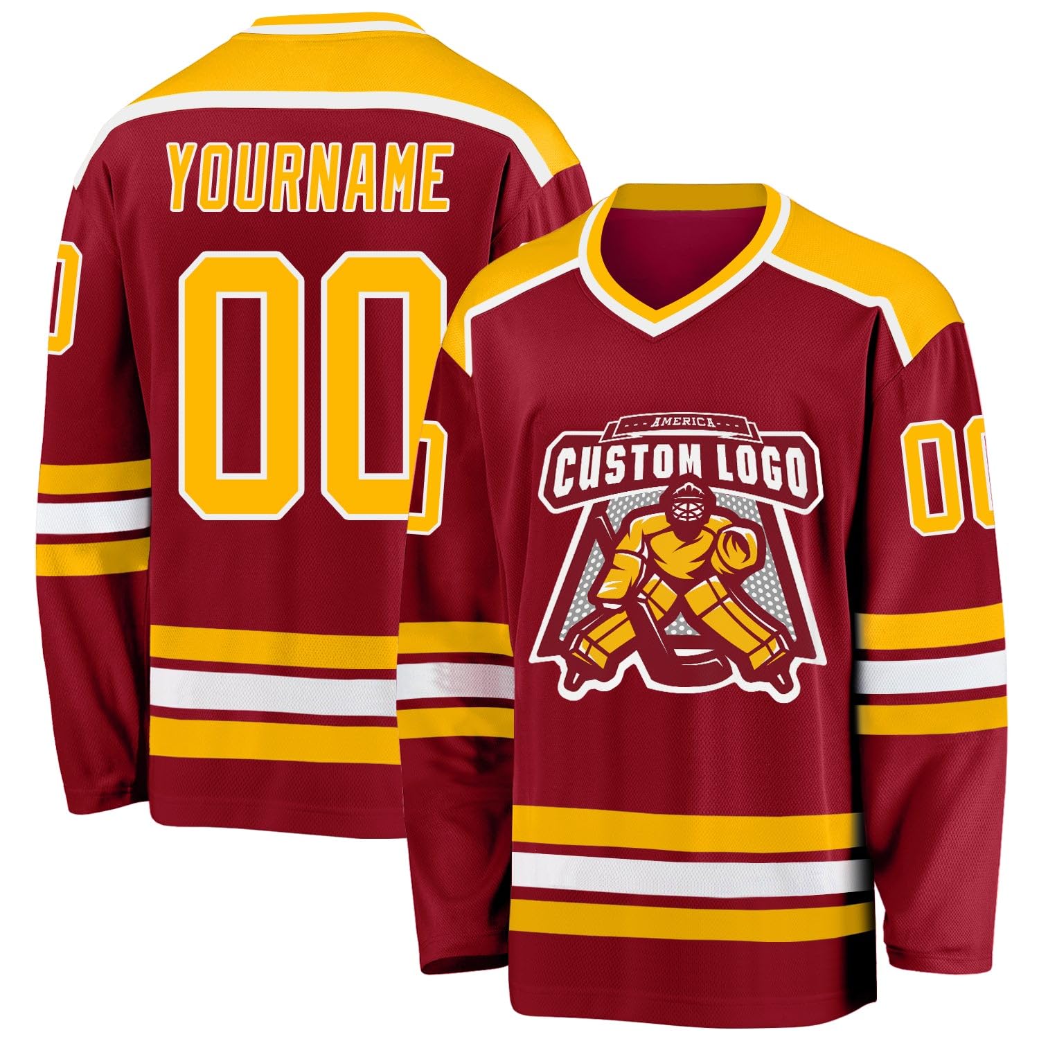 Custom Name Number White Red-Gold Hockey Jersey, Personalized Team V-Neck Sports Hockey Jersey for Men Women Youth