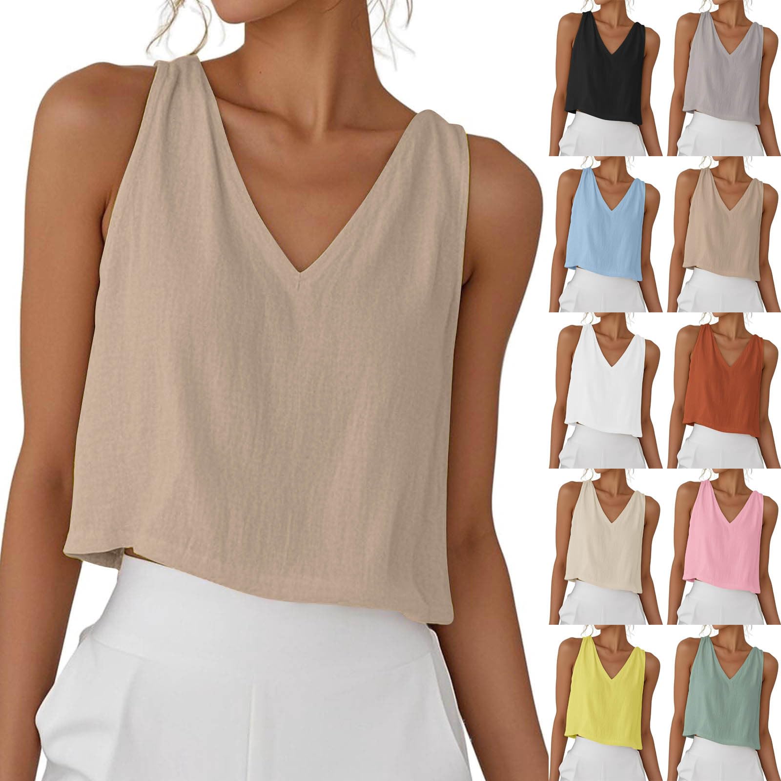 RLEHJN Tank Top Damen,Sommer Leinen V-Ausschnitt Tops Kurze Elegante Oberteile Ärmellose Shirts Baumwolle Einfarbige T-Shirts Basic Blusentop Musselin Tanktops Trägertop Trägershirt