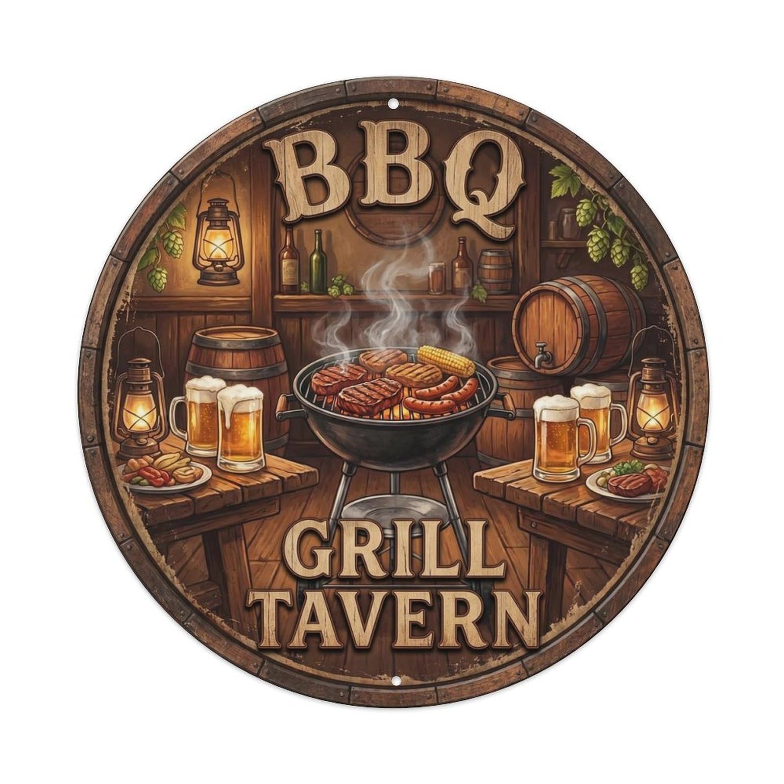 BBQ Barbecue Grill Tavern Vintage Metal Tin Sign Plaque Wall Decor for Cafe, Club, Garden Round Metal Poster 8x8Inch