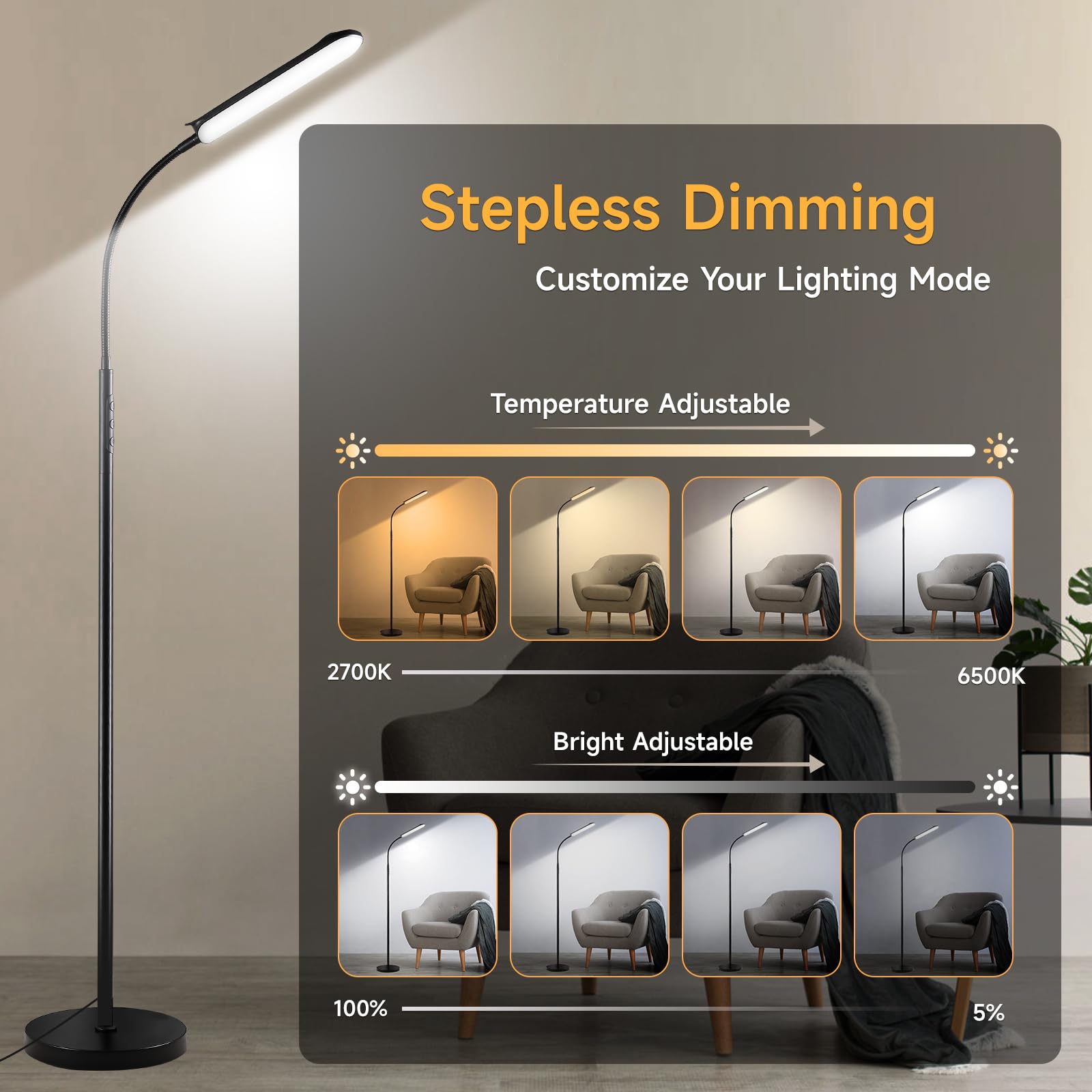 Marctronic Lampadaire LED sur Pied 18W 1800LM avec Variateur Télécommande et Contrôle Tactile, Noir