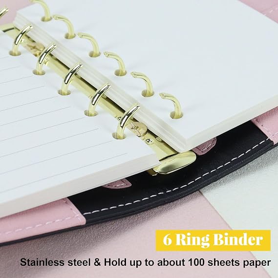 MultiBey A7 Refillable 6 Ring PU Leather Binder with Zip Wallet Bag & Pen | Mini Padfolio Binder Notebook Cover for A7 Filler Paper, Loose Leaf Personal Planner & Budget Binder Cover (Black)