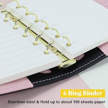 MultiBey A7 Refillable 6 Ring PU Leather Binder with Zip Wallet Bag & Pen | Mini Padfolio Binder Notebook Cover for A7 Filler Paper, Loose Leaf Personal Planner & Budget Binder Cover (Black)
