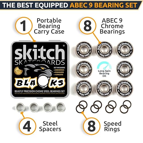 Miniatura 3 de SKITCH Juego de rodamientos de giro rápido de precisión | Paquete de 8 rodamientos de bolas 608 2RS ABEC 9 de acero cromado para patinetas, tablas