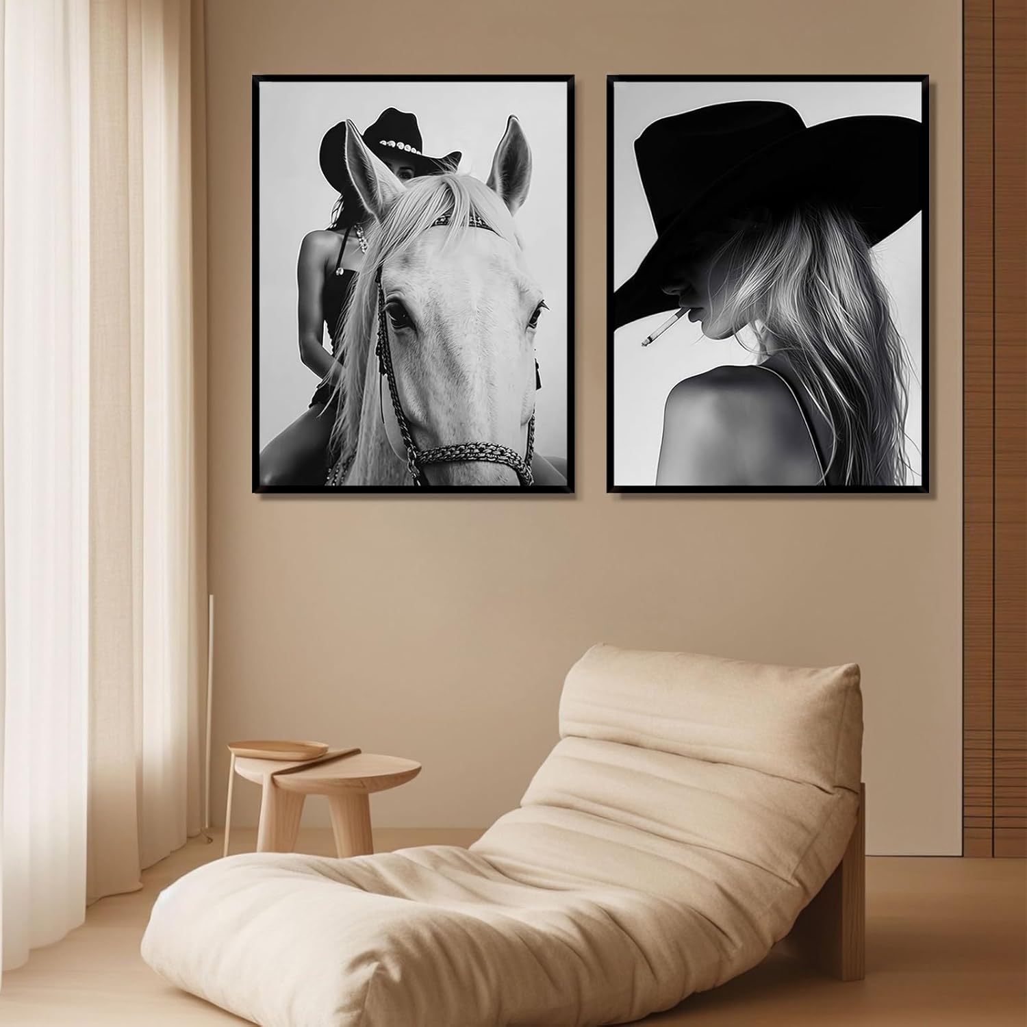 Framed Black and White Western Vintage Style Wall Art - Cool Cowgirl Trendy Poster Modern Painting Denim Fashion Art Smoking Cowgirl on Horse Printed for office berdroom bathroom 16x24 Inches