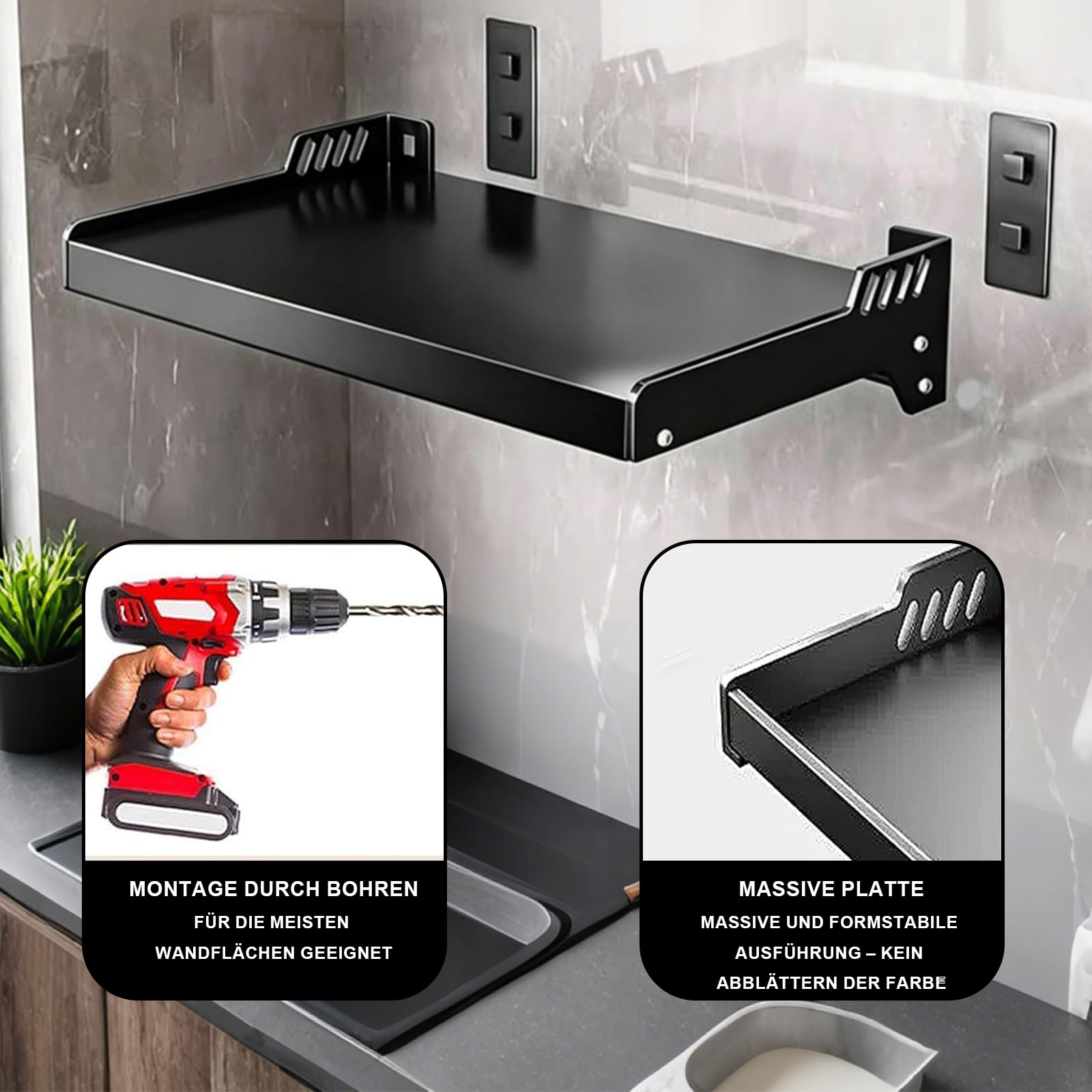 Mikrowellenregal Wand, 2 Ebenen Mikrowellenhalterung aus Metall, | mit Aufbewahrungskorb & 6 Haken, platzsparendes Küchenregal für Mikrowelle, Backofen & Küchenzubehör (56 × 38 × 7 cm)