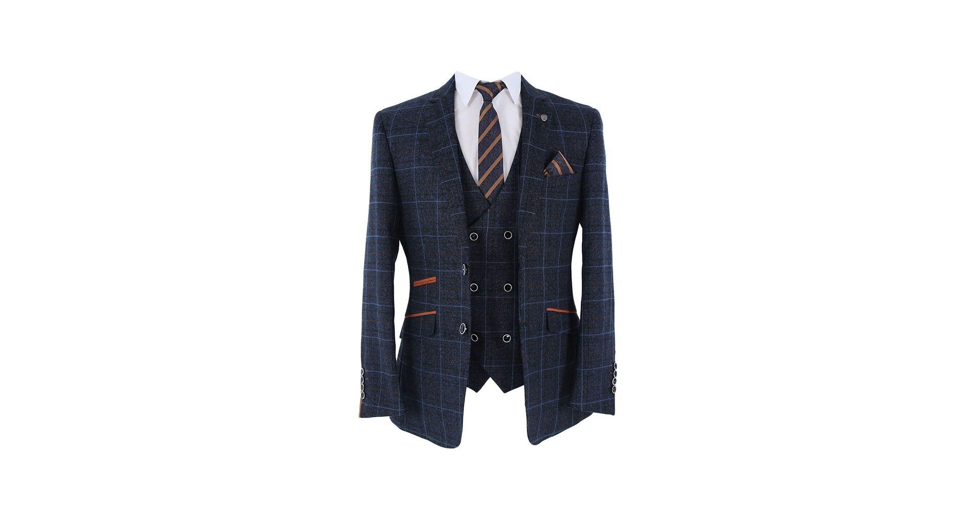 Mens Tweed Windowpane Check Suit Pants Tailored Fit Navy Blue Set